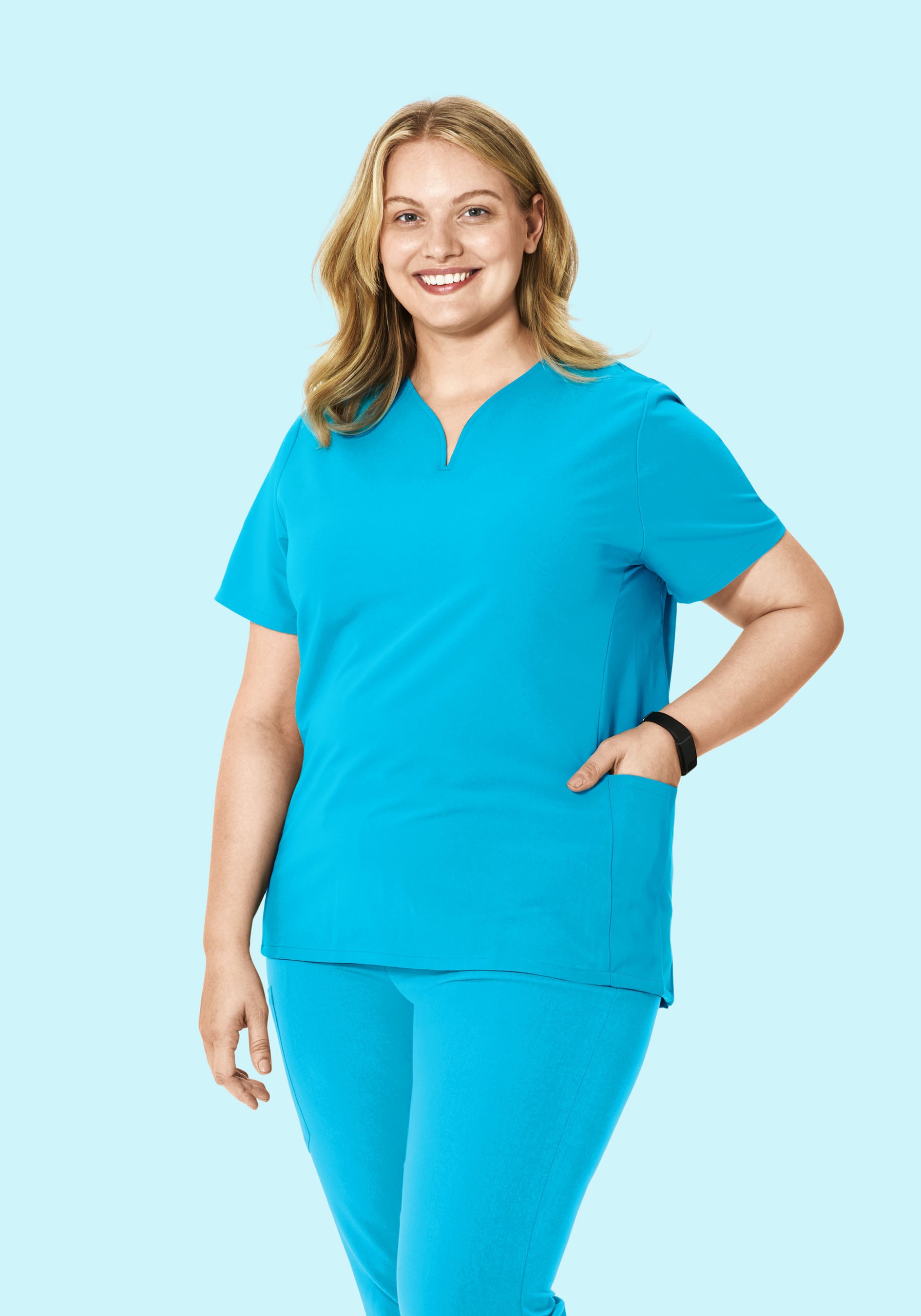 Curved V-Neck Top Pacific Blue