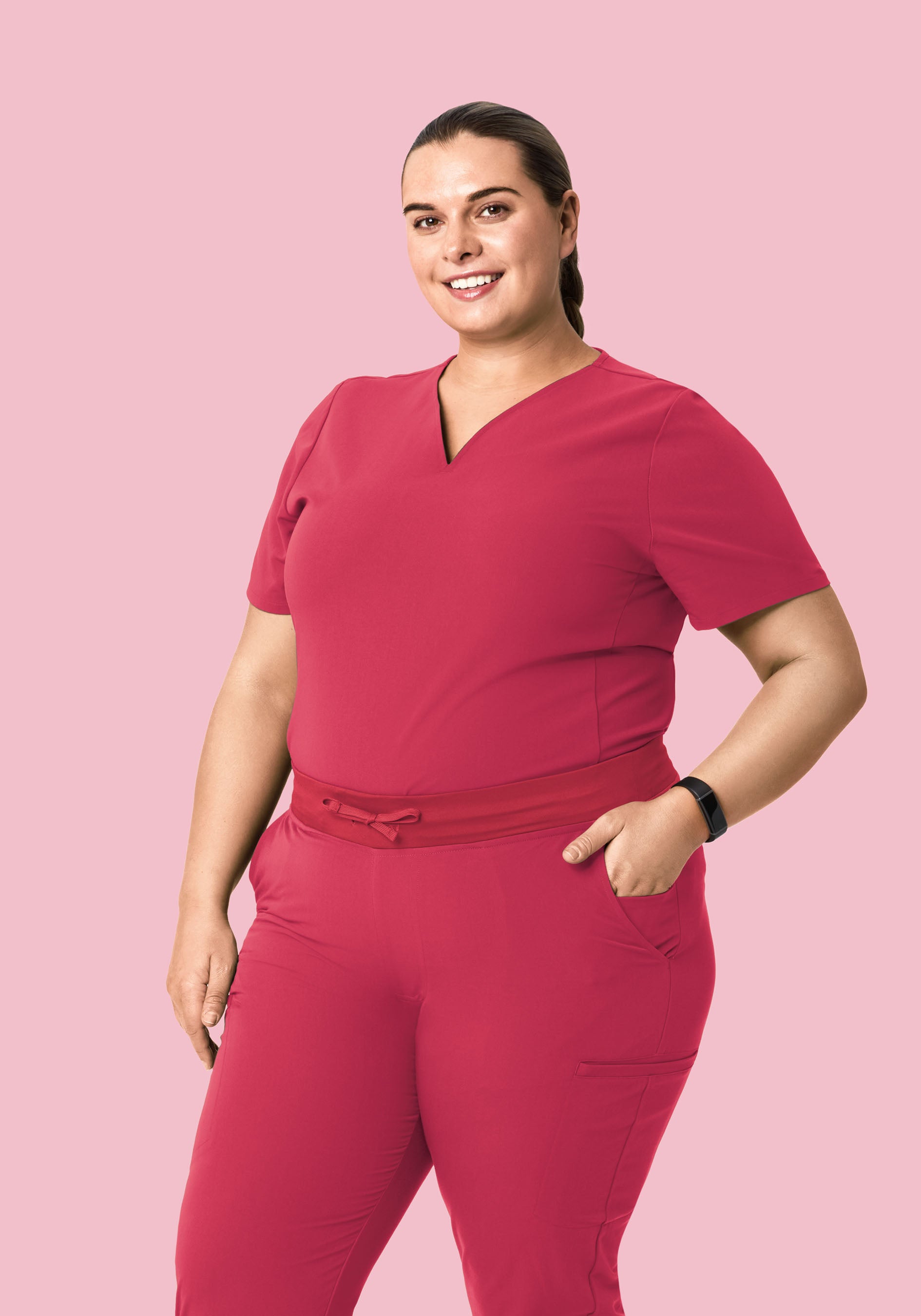 Curved V-Neck Top Deep Rose