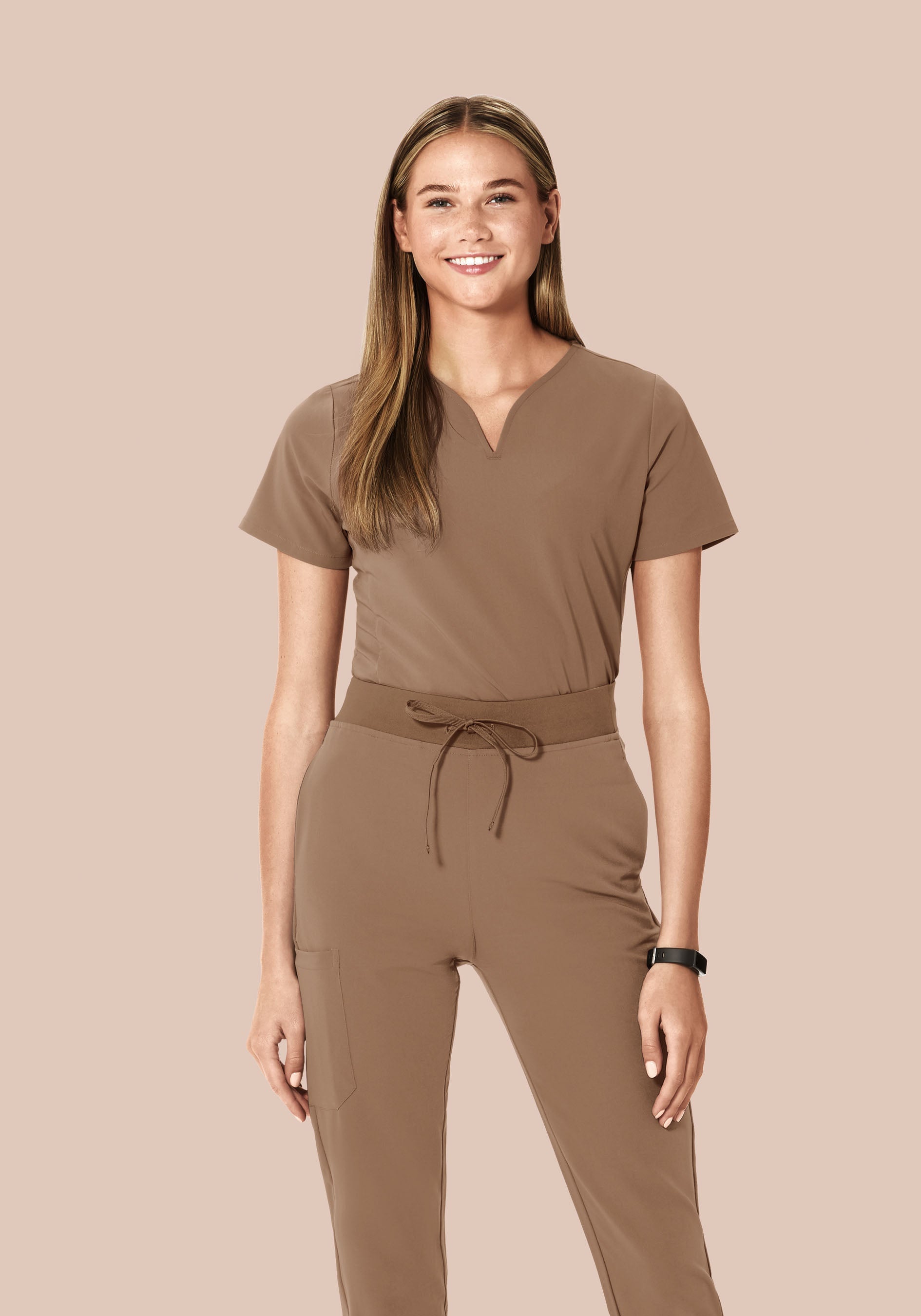 Women's Curved V-Neck Scrub Top - Mocha | Mandala Scrubs
