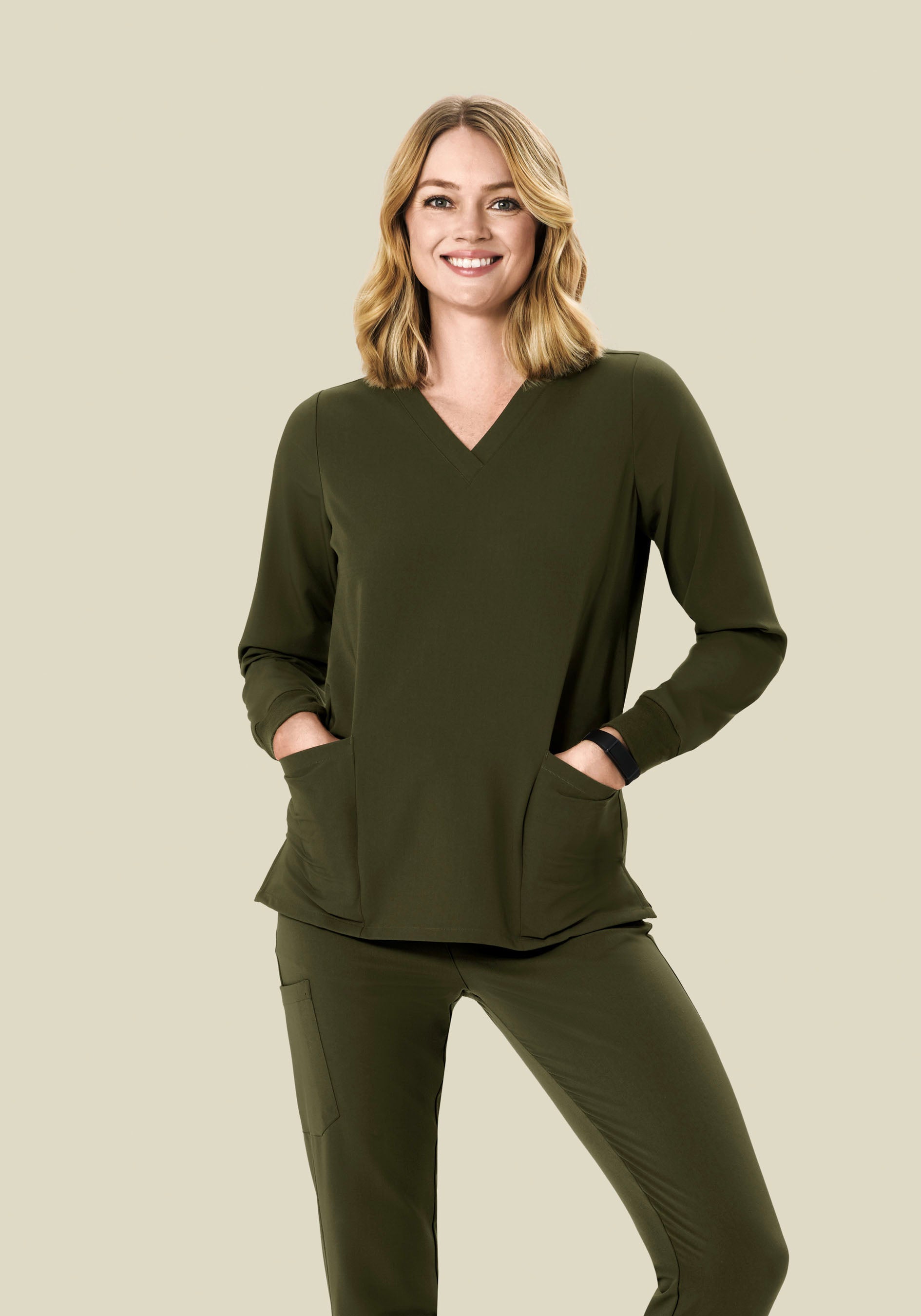 long sleeve scrub dress Mandala Women's Long Sleeve V-Neck 6-Pocket Scrub Top - Olive