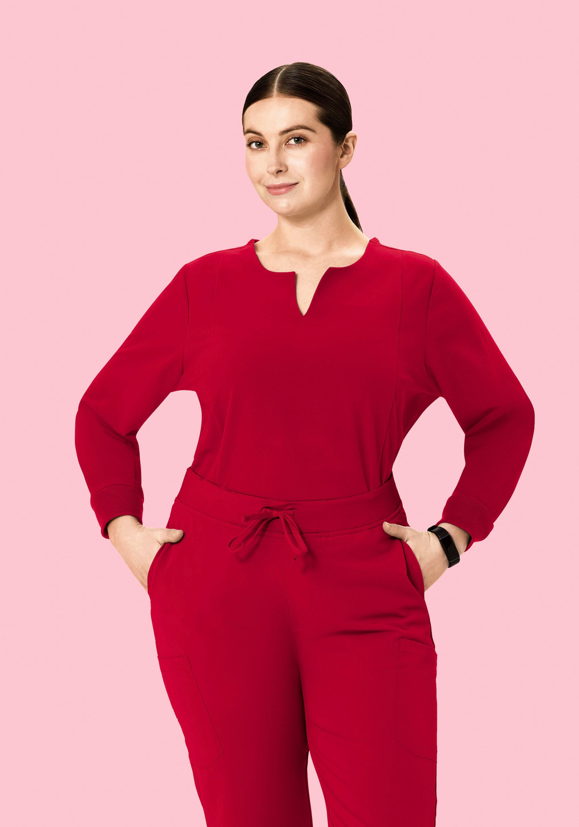 Long Sleeve Notch Neck Top Crimson