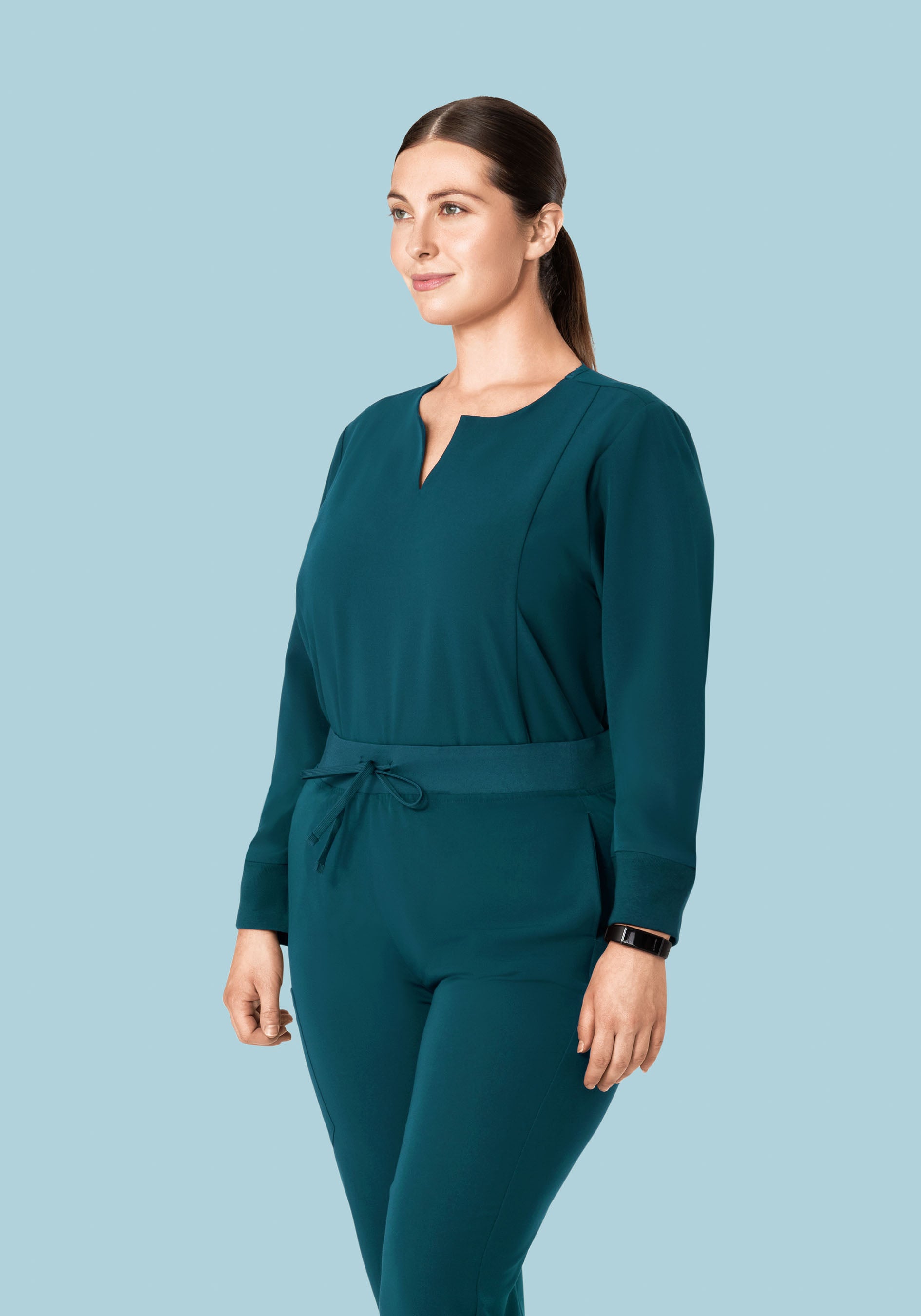 Long Sleeve Notch Neck Top Caribbean Blue