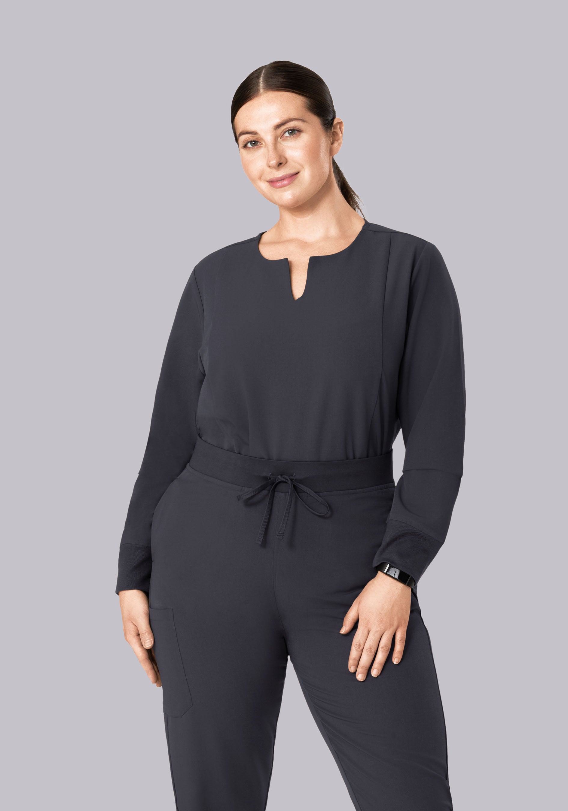 Long Sleeve Notch Neck Top Pewter