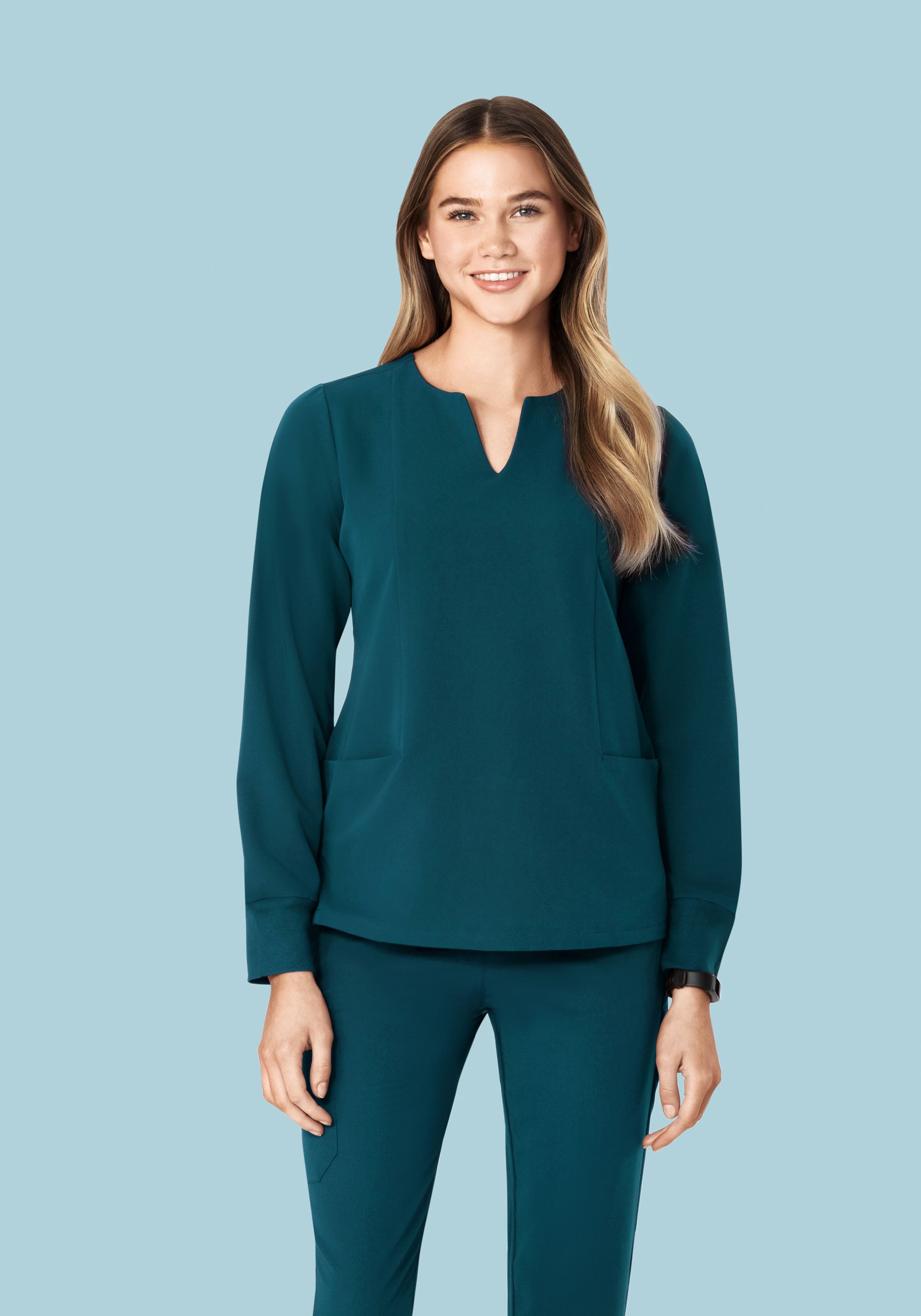 Long Sleeve Notch Neck Top Caribbean Blue