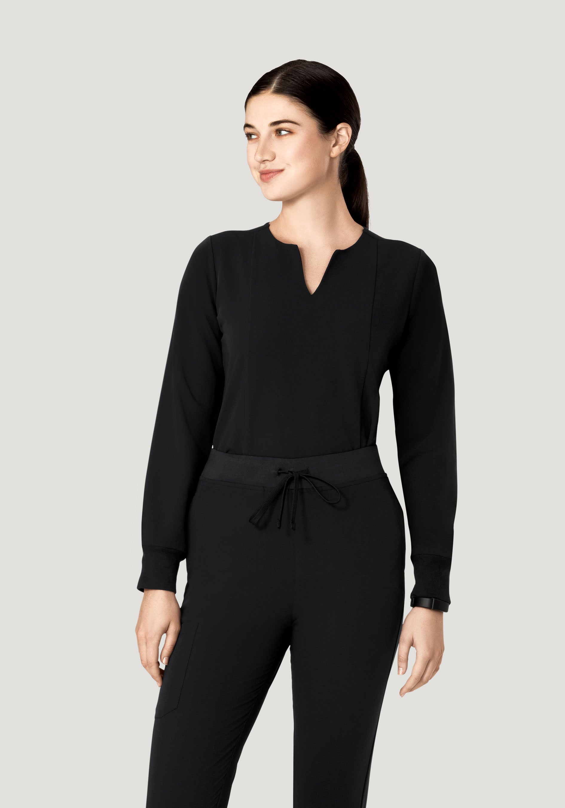 Women's Long Sleeve Notch Neck Scrub Top - Black | Mandala Scrubs
