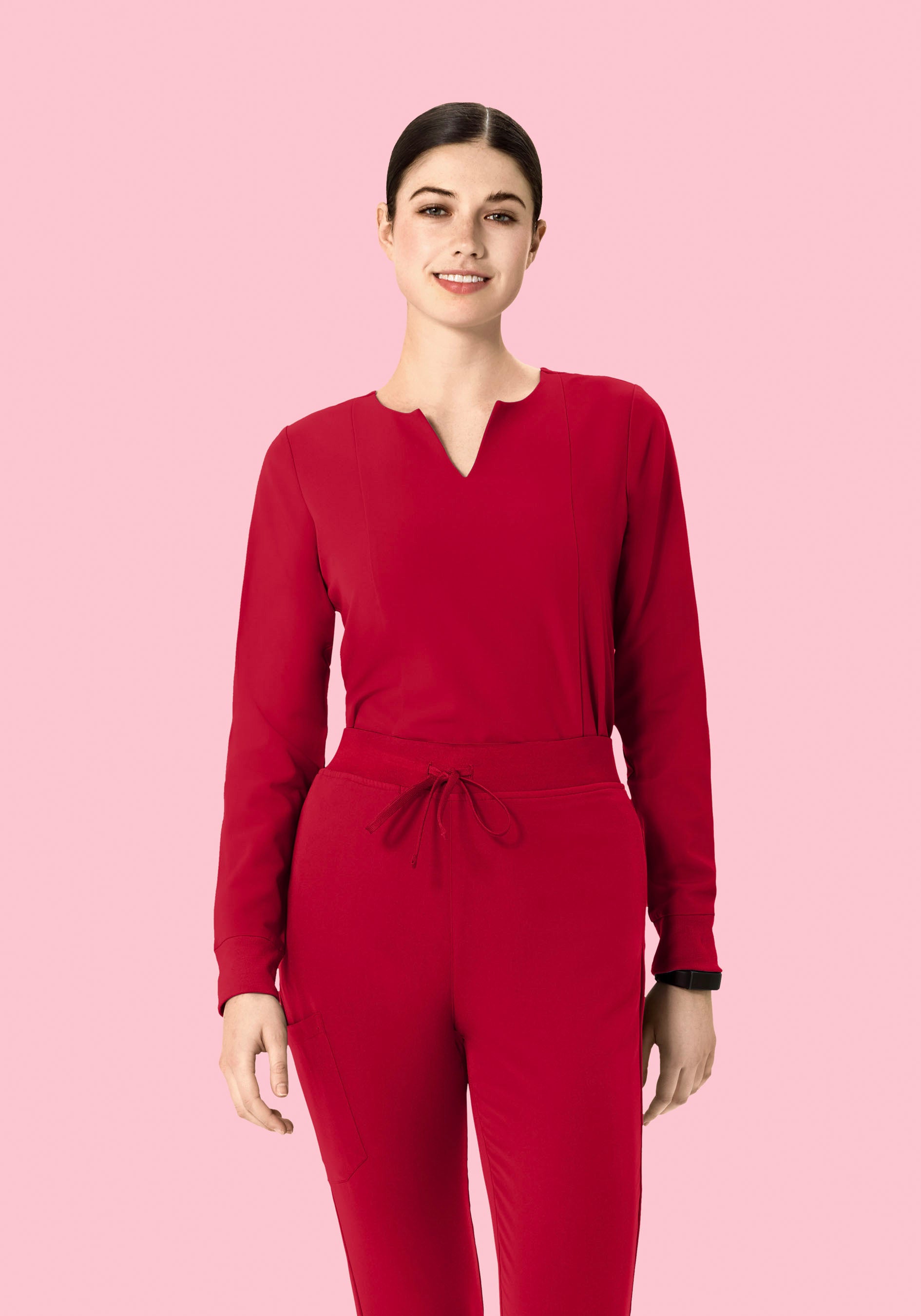 Long Sleeve Notch Neck Top Crimson