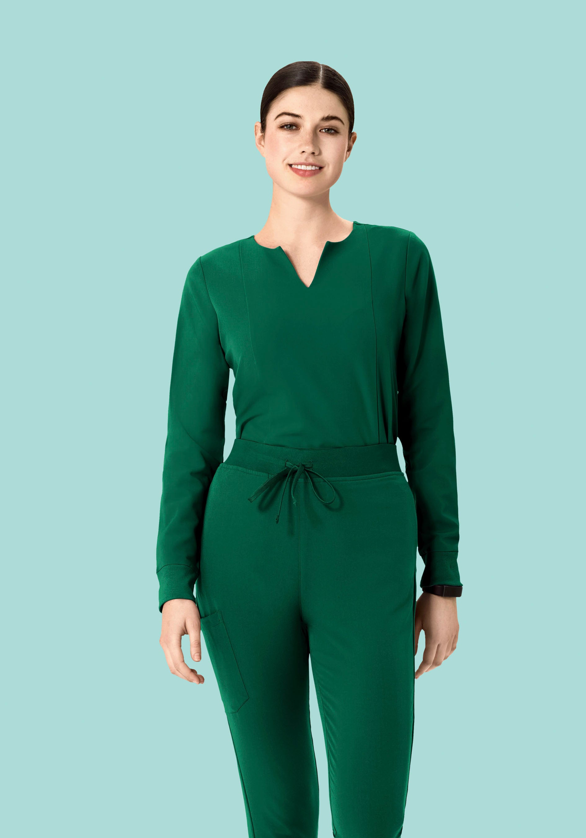 Long Sleeve Notch Neck Top Hunter Green