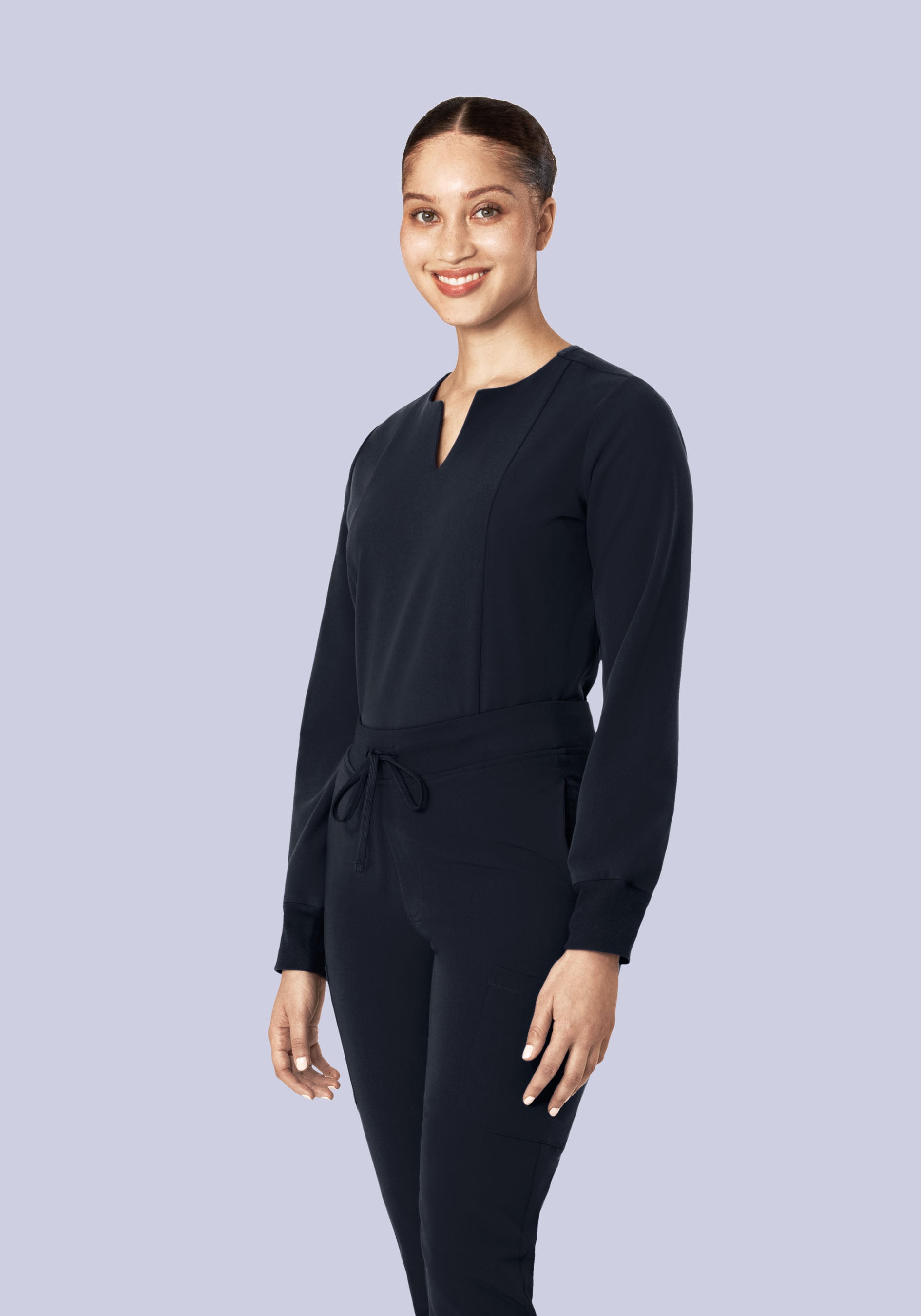 Long Sleeve Notch Neck Top Midnight Navy