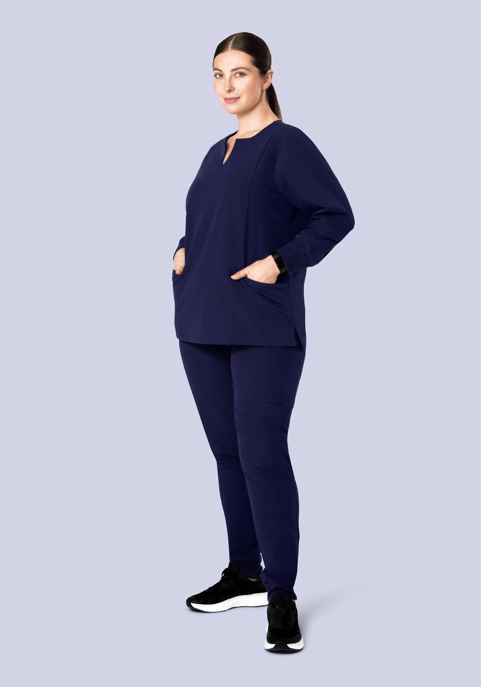 Long Sleeve Notch Neck Top Navy