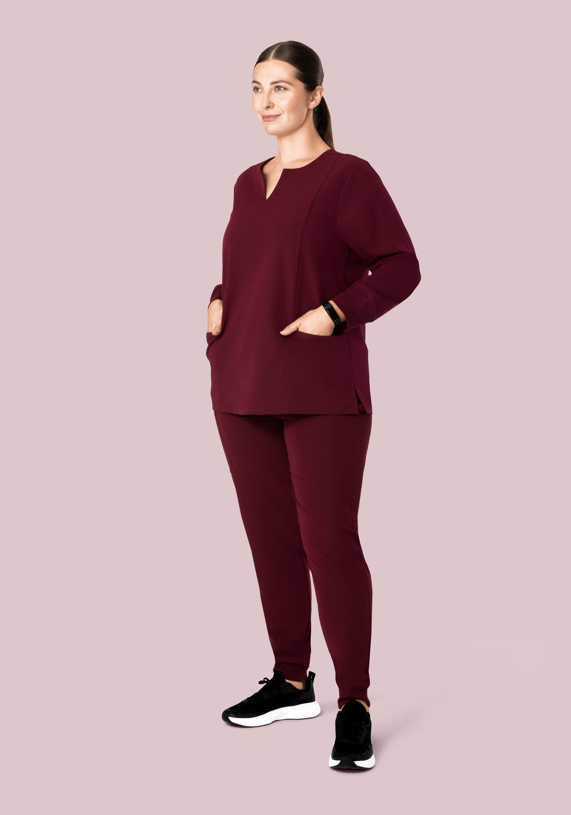 Long Sleeve Notch Neck Top Wine