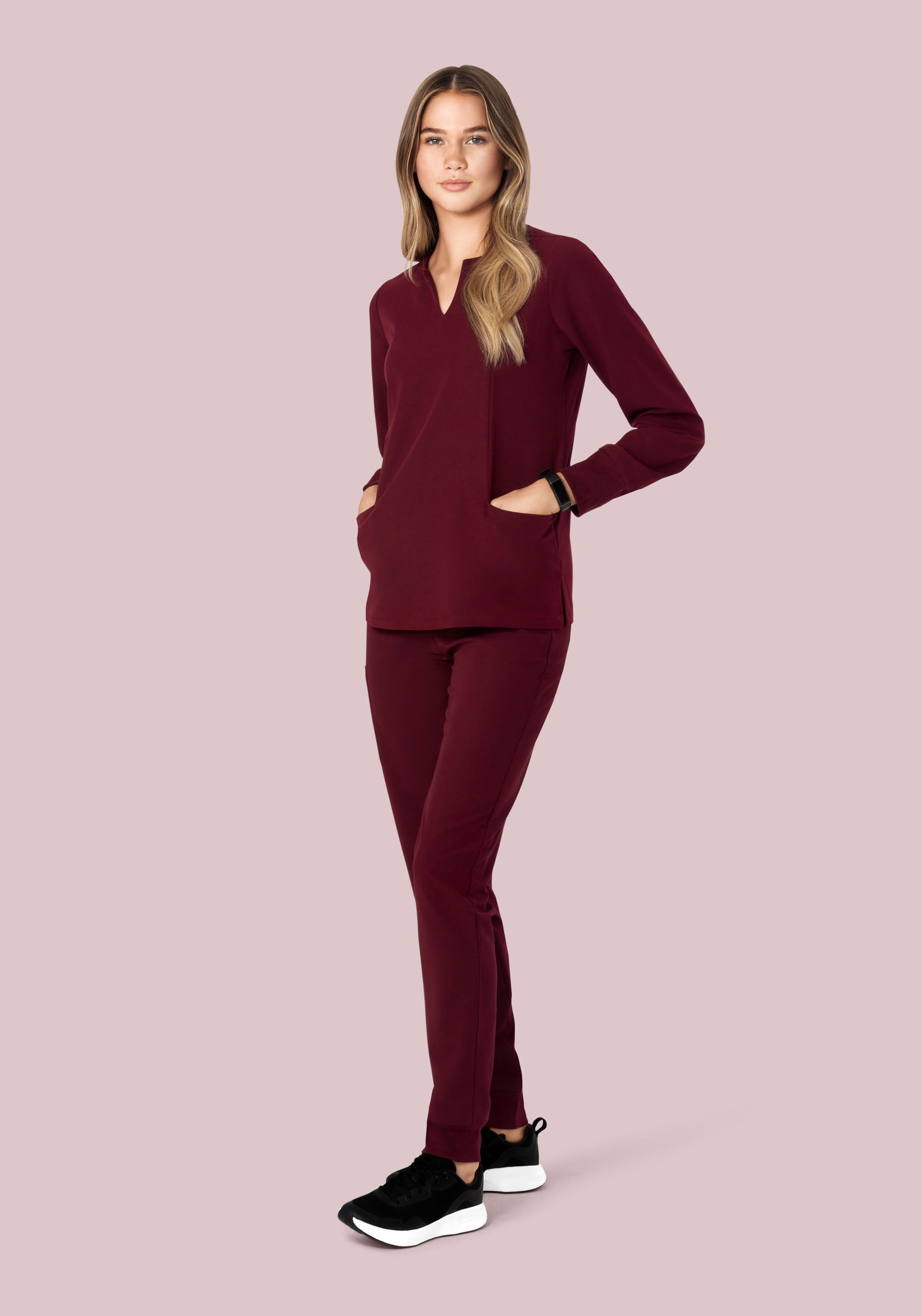 Long Sleeve Notch Neck Top Wine