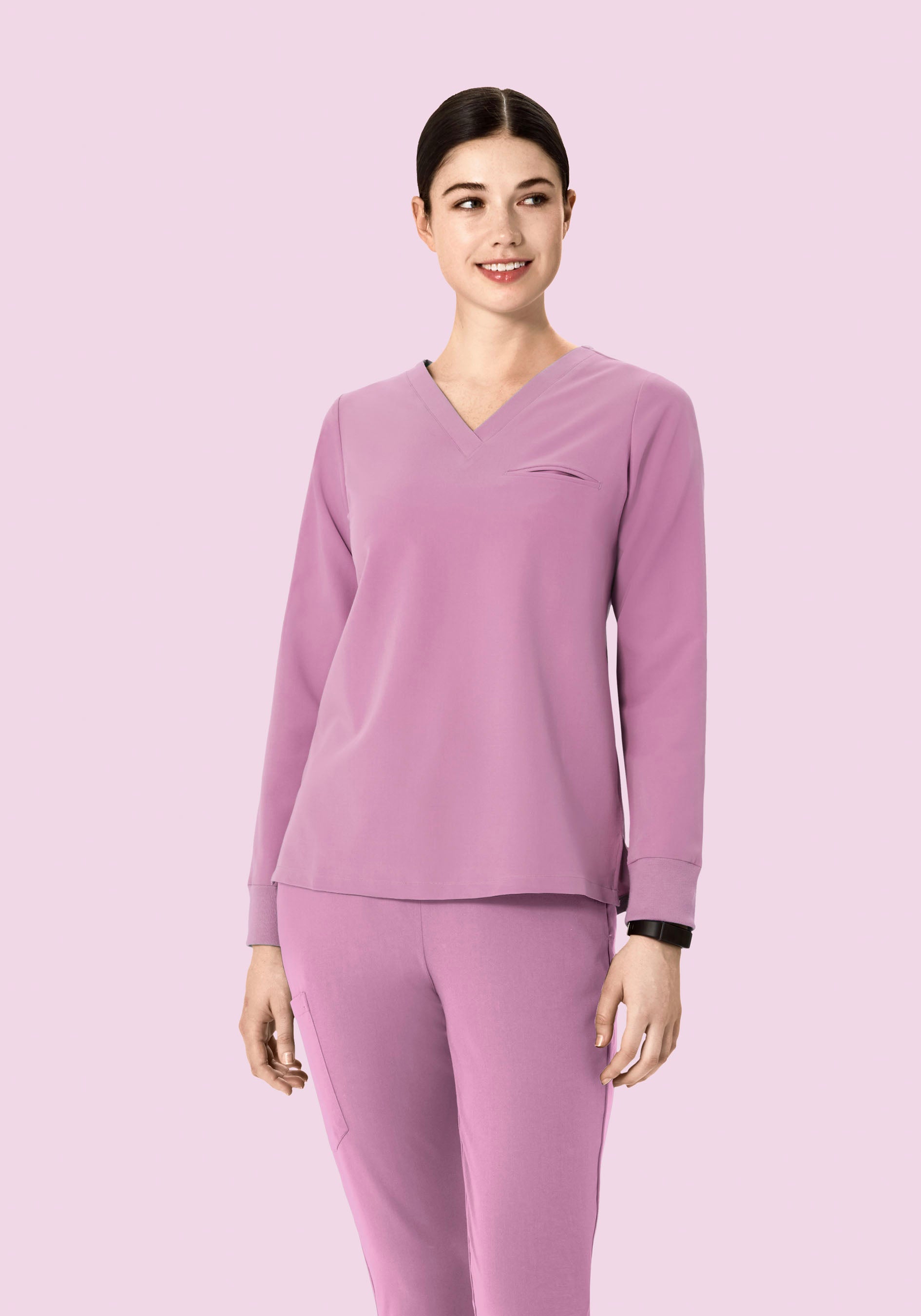 Women's Long Sleeve V-Neck 1-Pocket Scrub Top - Lilac | Mandala Scrubs