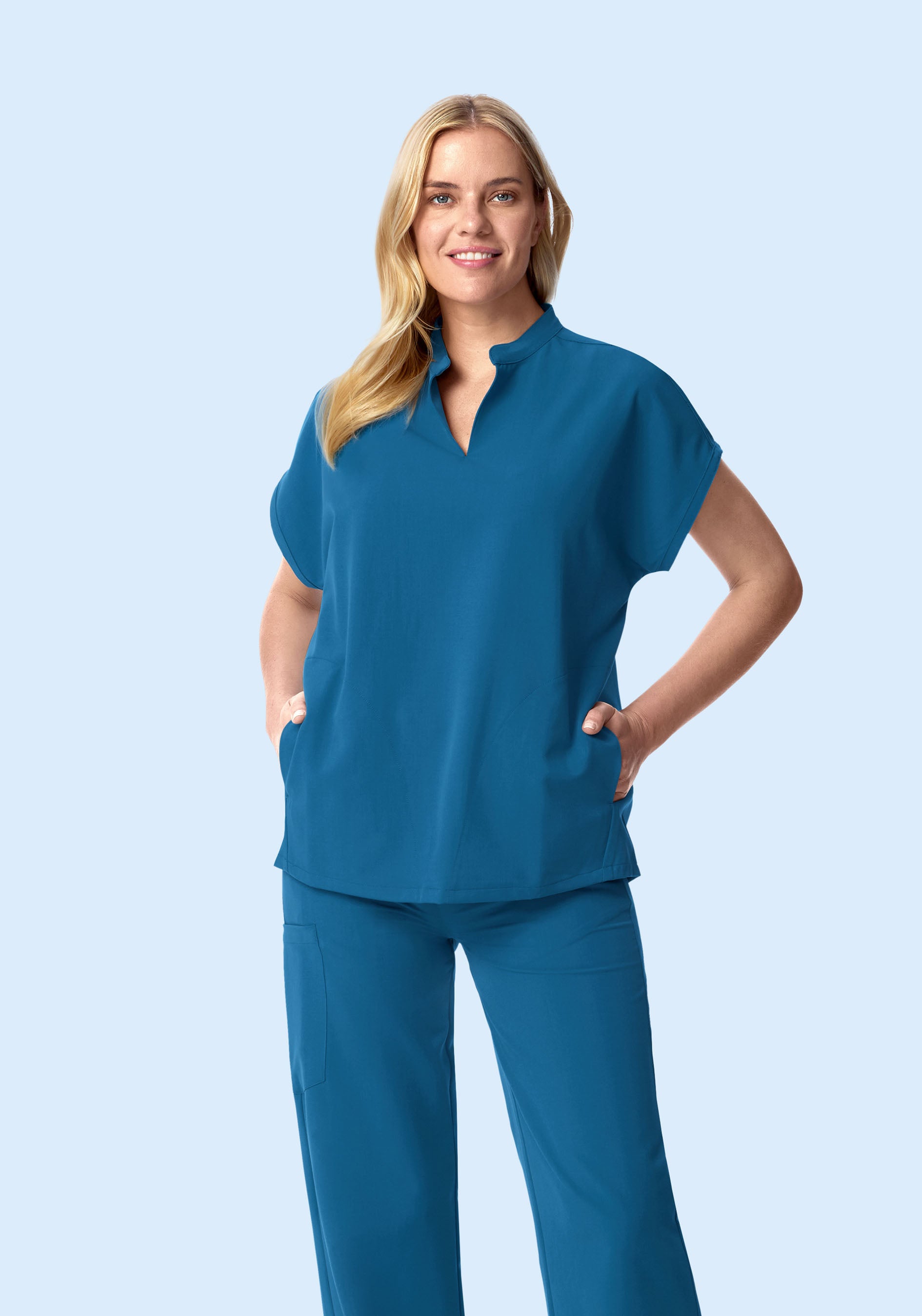 Women's Oversized Mandarin Dolman Scrub Top - Vallarta Blue