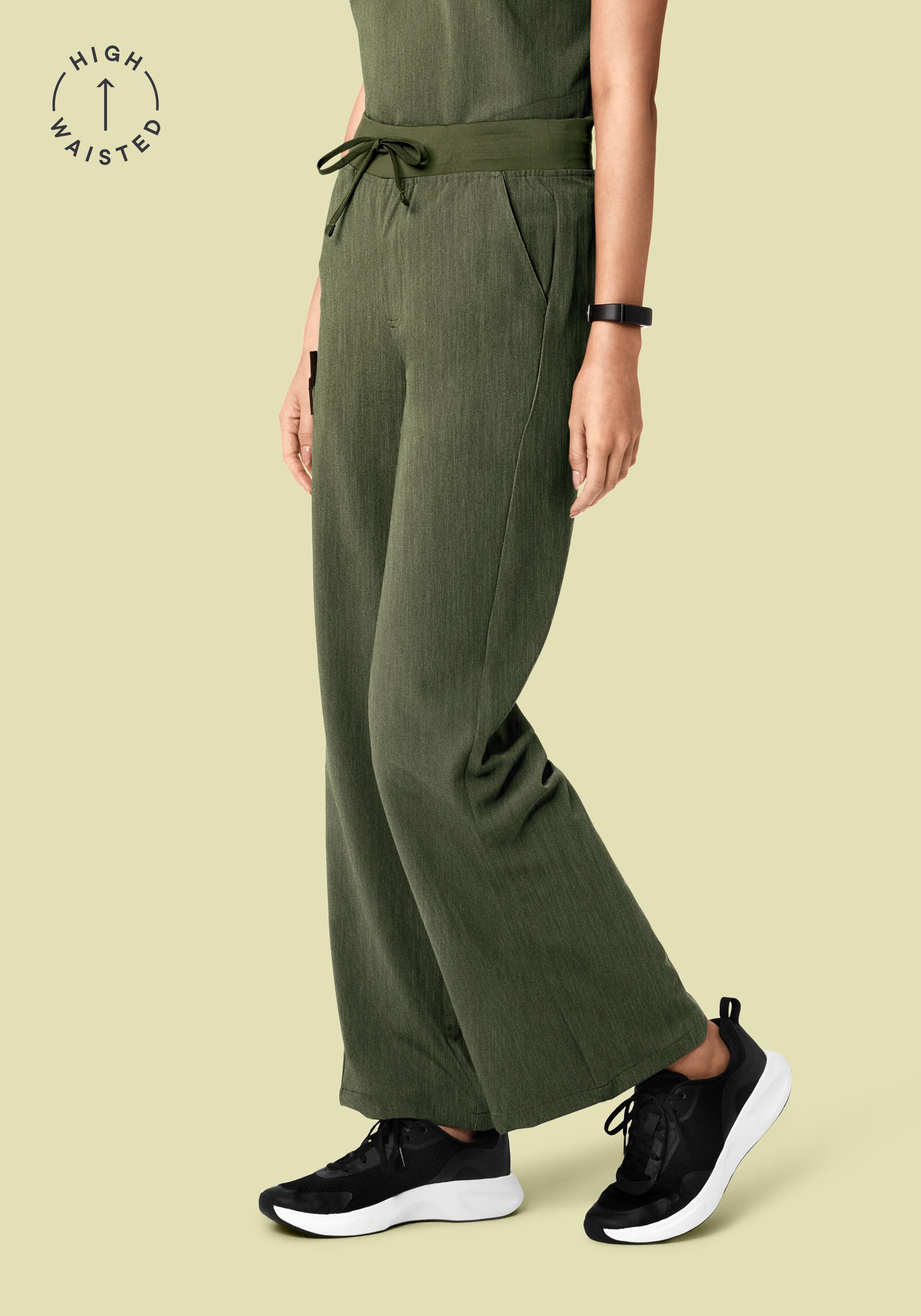 Women's High Waisted Wide Leg Pants - Heather Olive | Mandala Scrubs