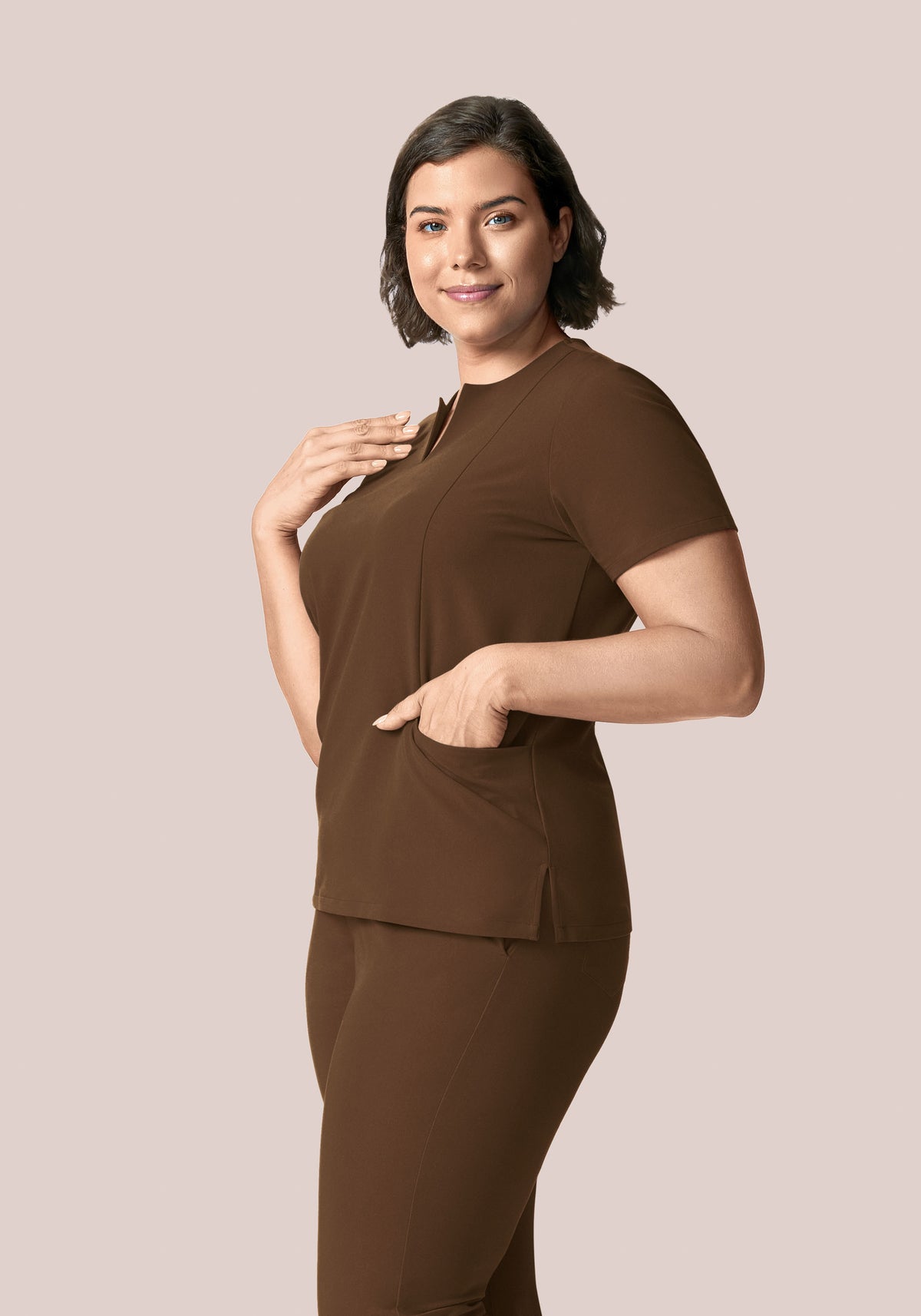 5 Pocket Notch Neck Top Chocolate Brown
