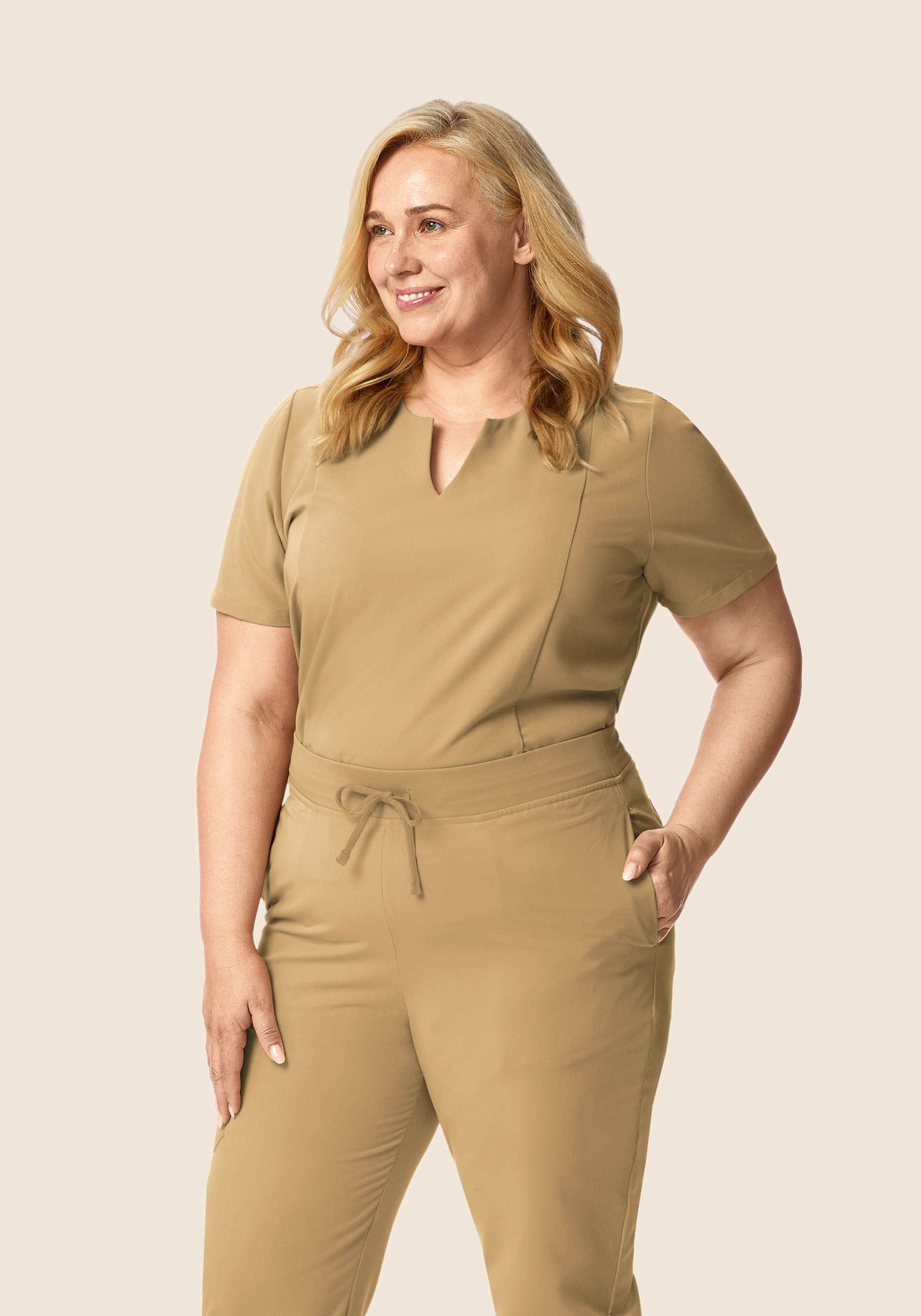 5 Pocket Notch Neck Top Latte