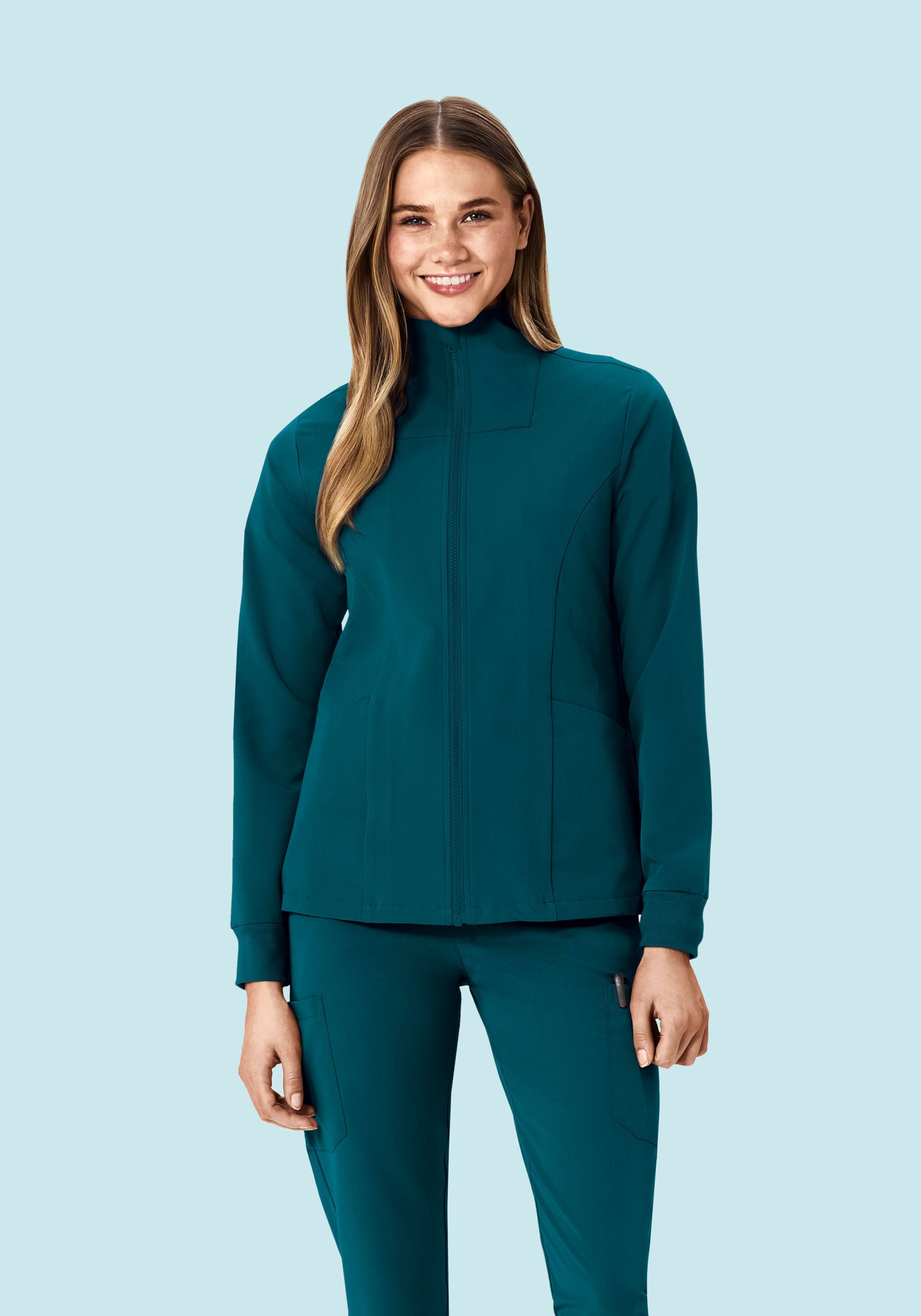 Women's Mock Neck Scrub Jacket - Caribbean Blue | Mandala Scrubs