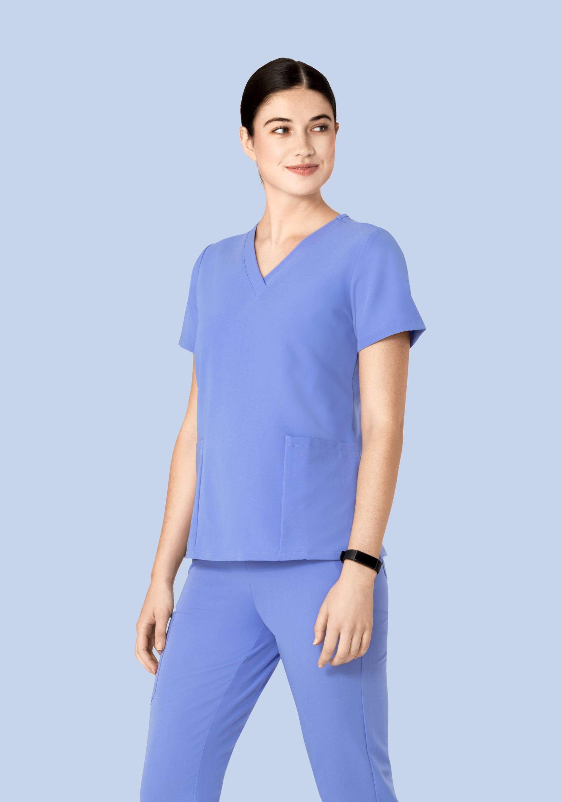 ぷるふる Women's V-Neck 6-Pocket Scrub Top - French Blue | Mandala Scrubs