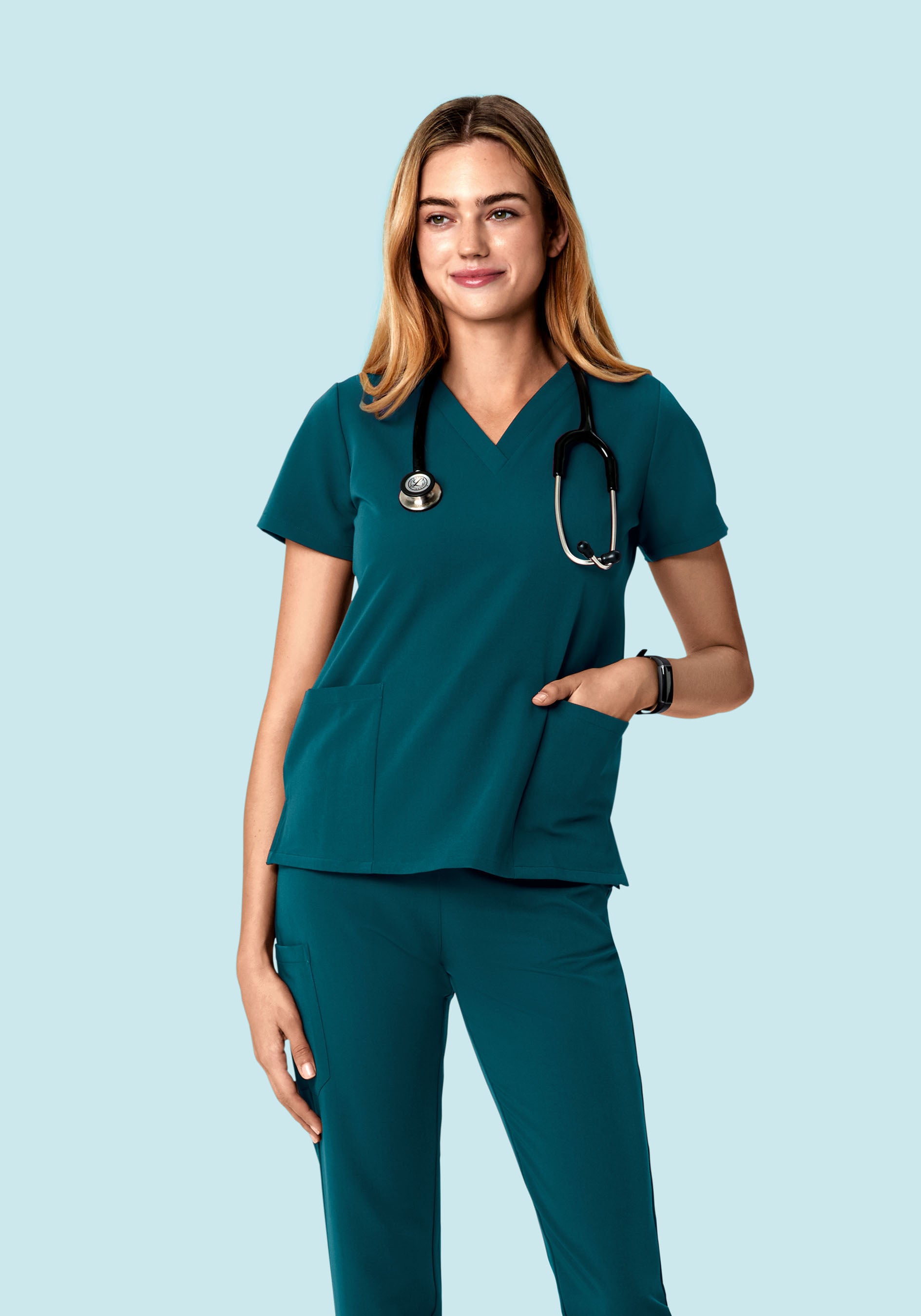 Women's V-Neck 6-Pocket Top - Caribbean Blue | Mandala Scrubs