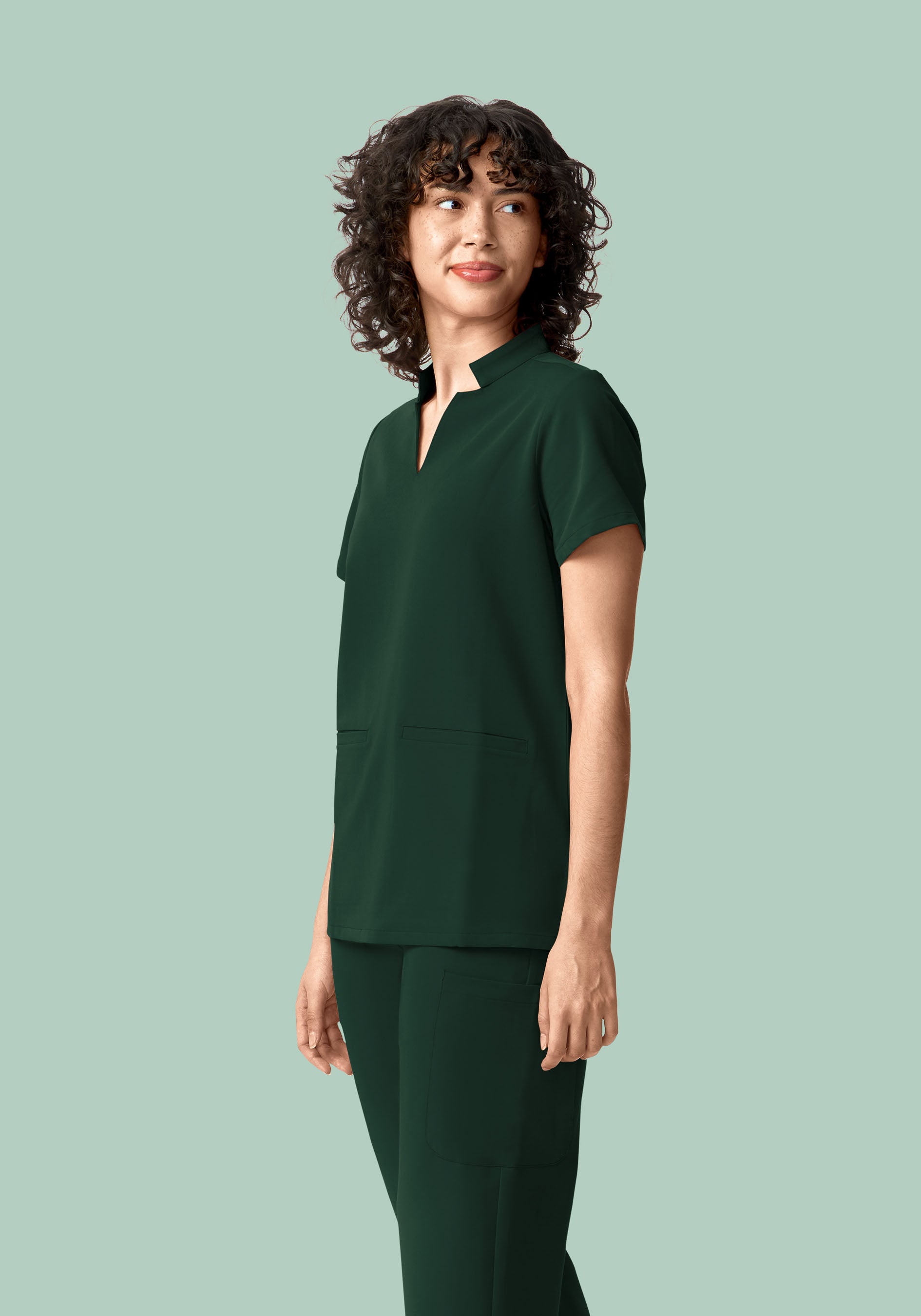 Stand Collar Notch Neck Top Midnight Green