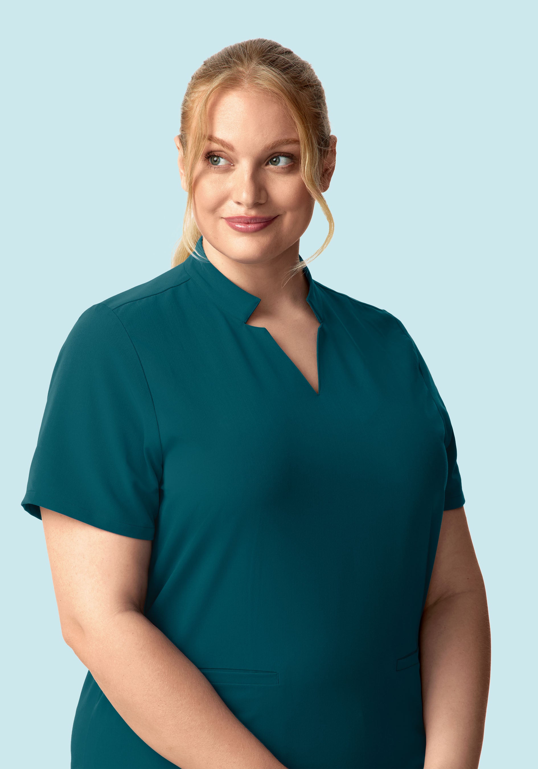 Stand Collar Notch Neck Top Caribbean Blue