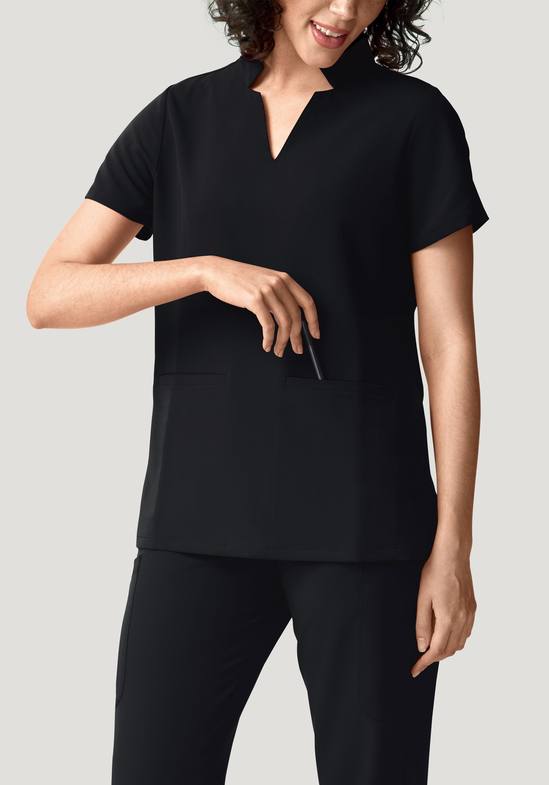 Stand Collar Notch Neck Top Black