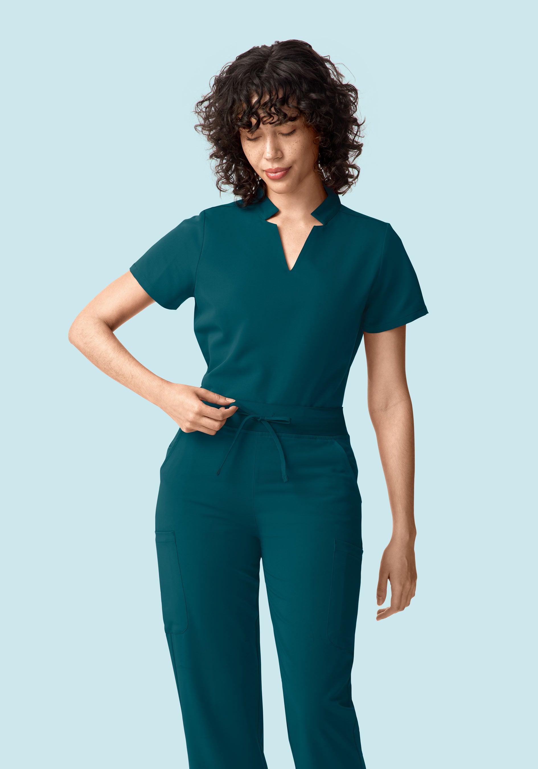 Stand Collar Notch Neck Top Caribbean Blue