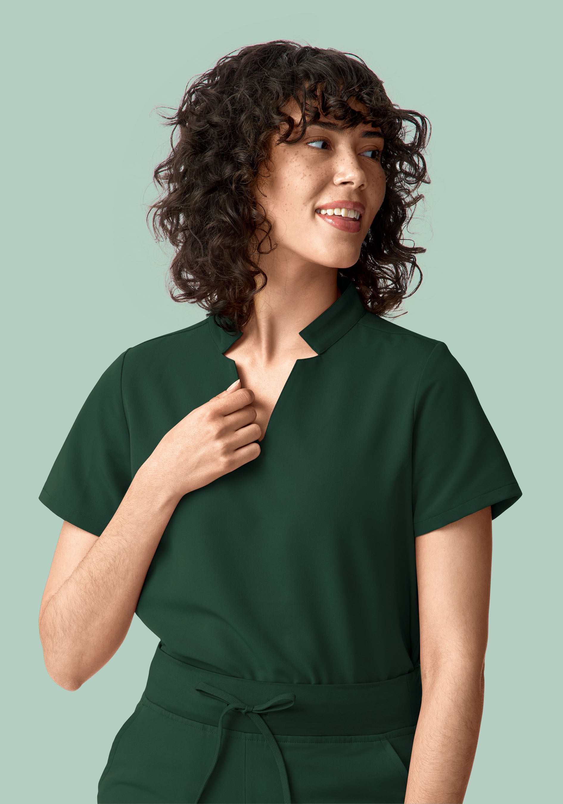 Stand Collar Notch Neck Top Midnight Green