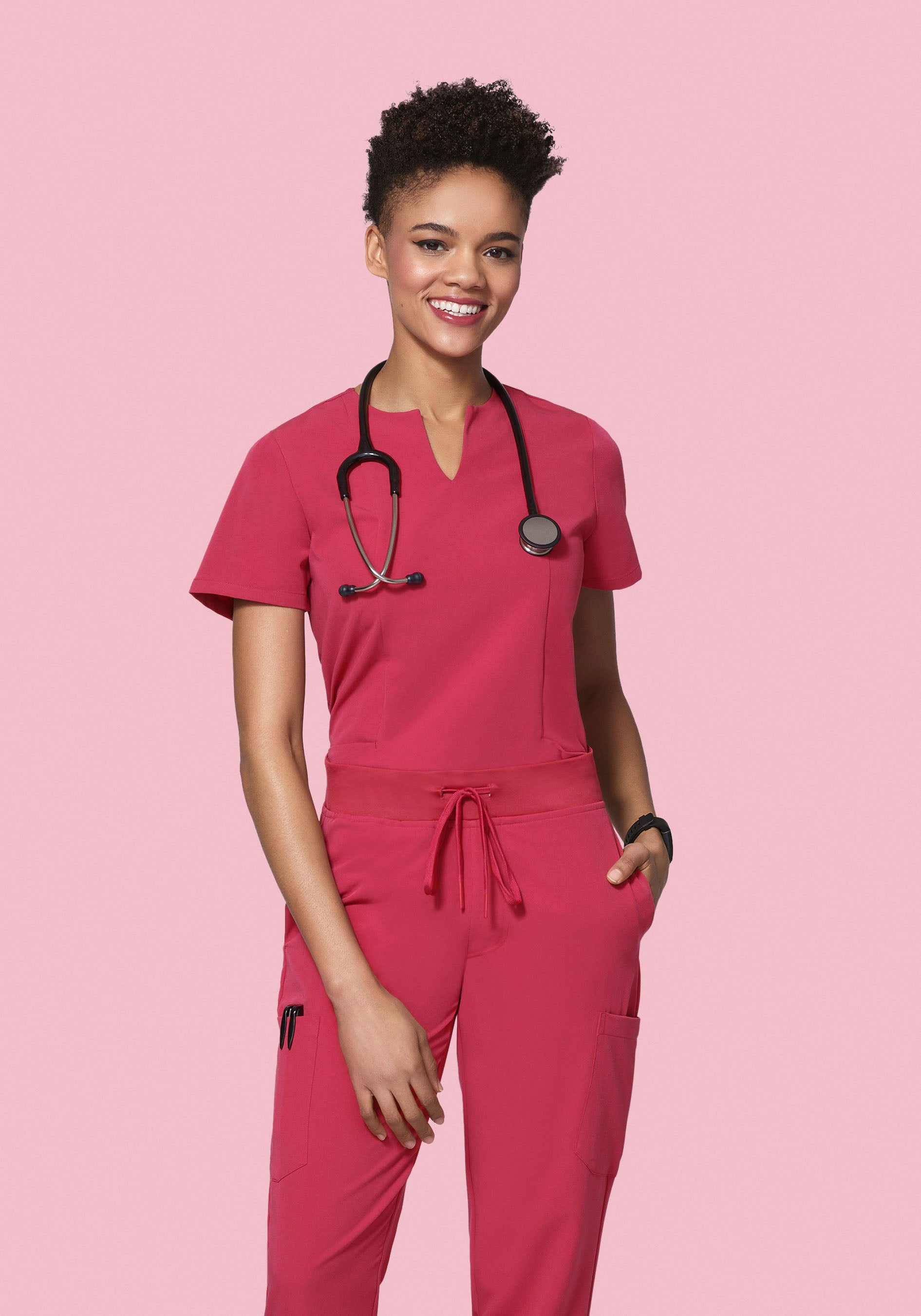 5 Pocket Notch Neck Top Deep Rose