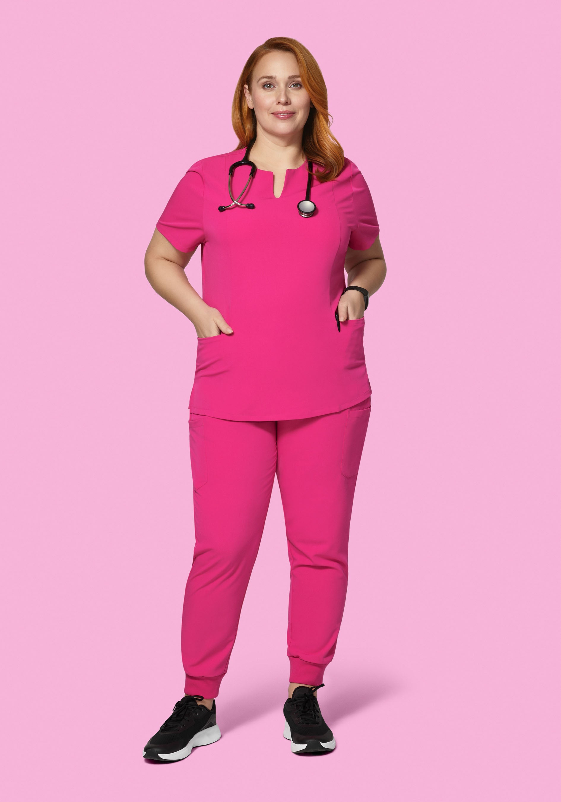 5 Pocket Notch Neck Top Shocking Pink