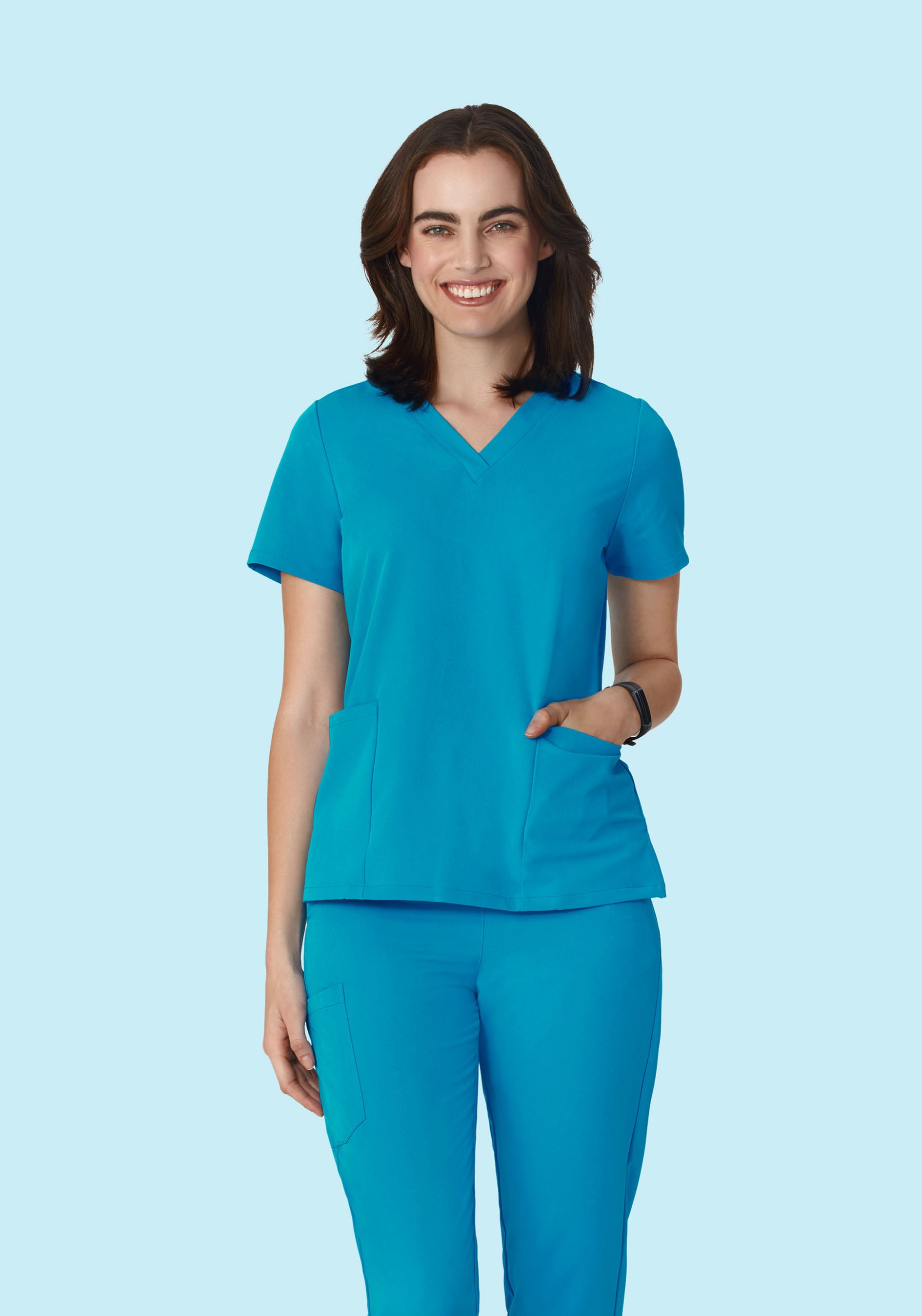 Women's V-Neck 6-Pocket Scrub Top - Azure | Mandala Scrubs