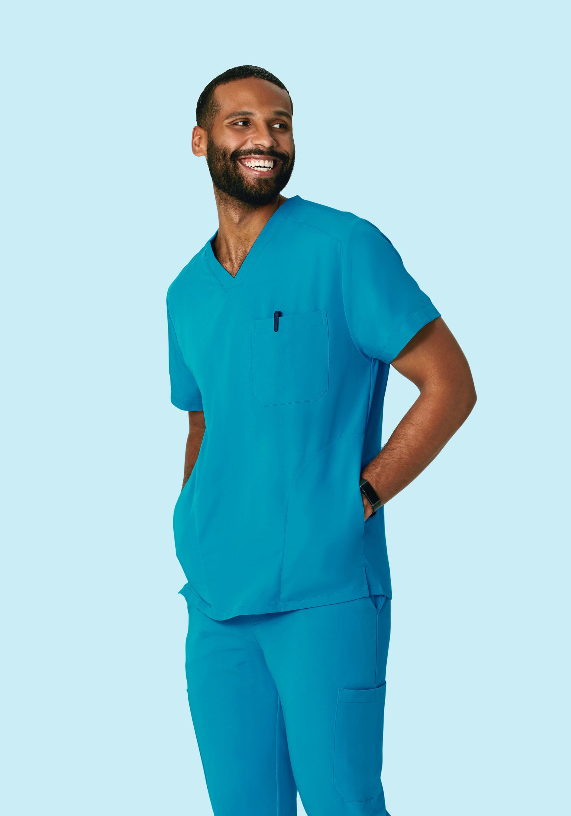 Men's V-Neck 3-Pocket Top - Azure | Mandala Scrubs