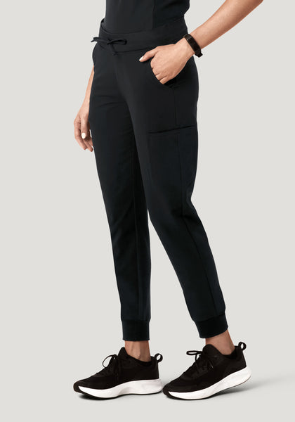 Women's Mid-Rise 11-Pocket Jogger Scrub Pants - Black | Mandala Scrubs
