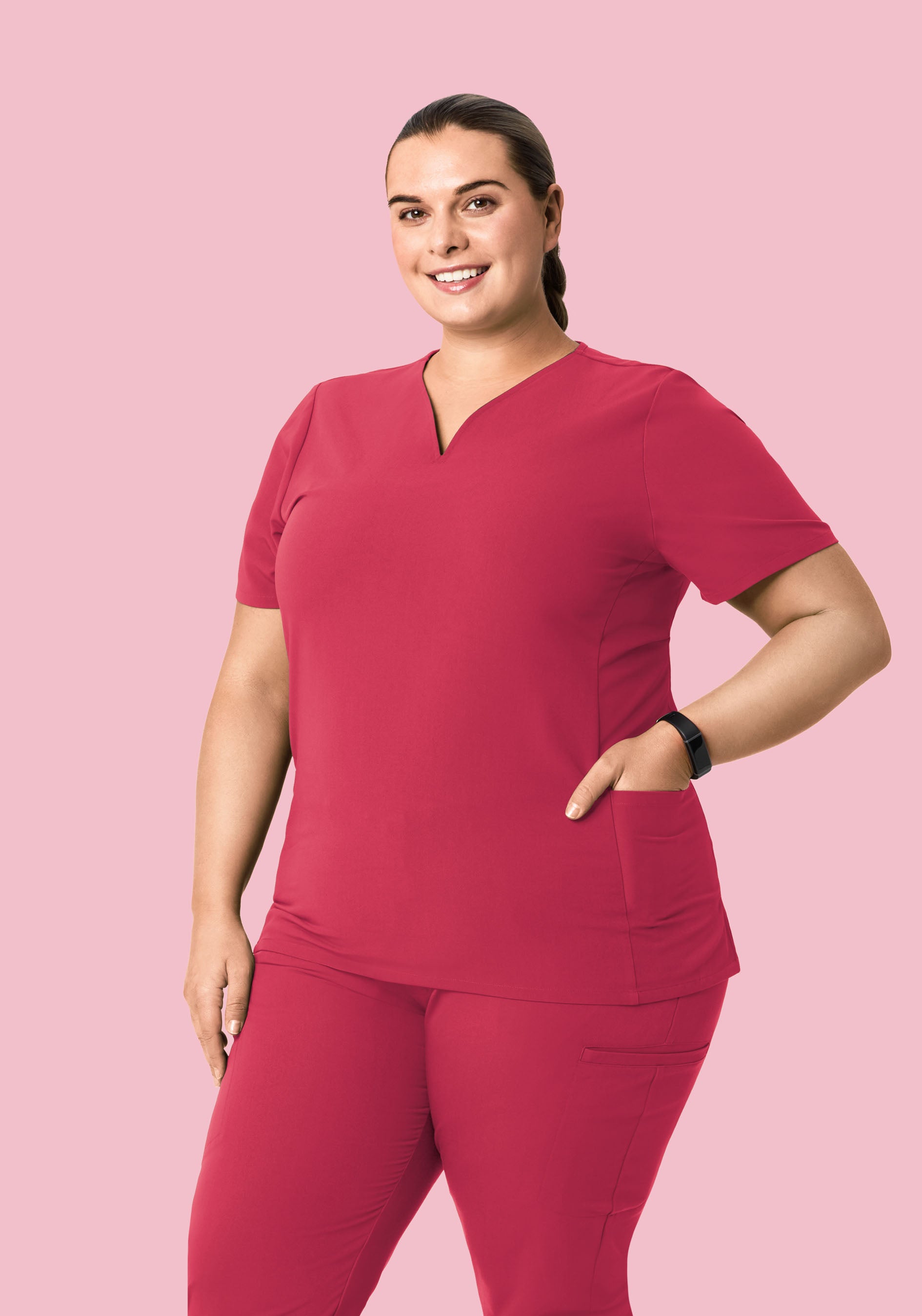 Curved V-Neck Top Deep Rose