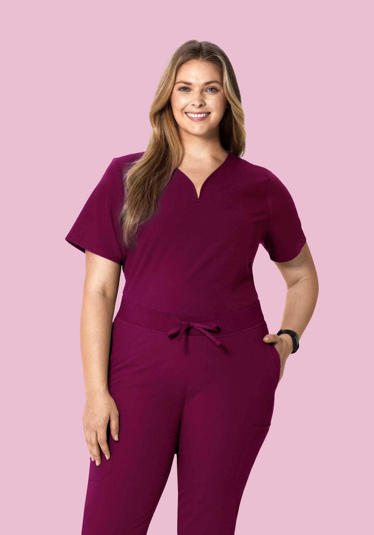 Women's Curved V-Neck Scrub Top - Sangria | Mandala Scrubs