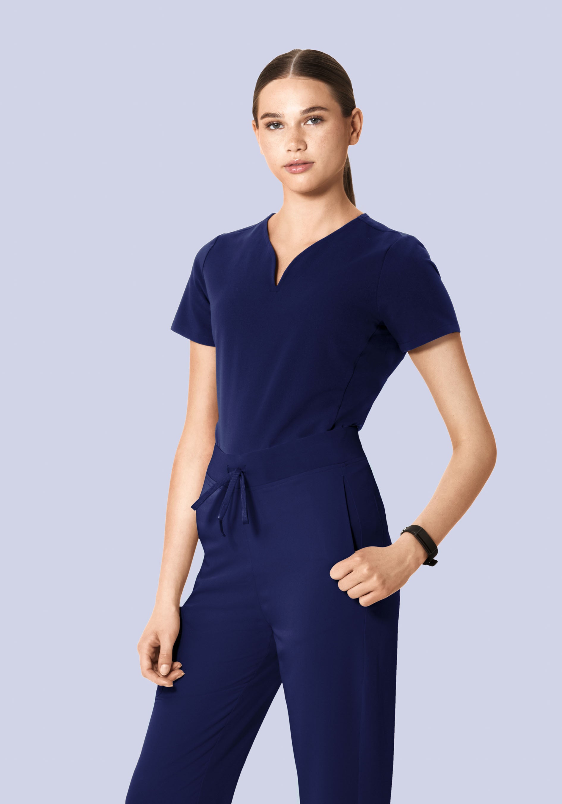 Women's Curved V-Neck Scrub Top - Navy | Mandala Scrubs