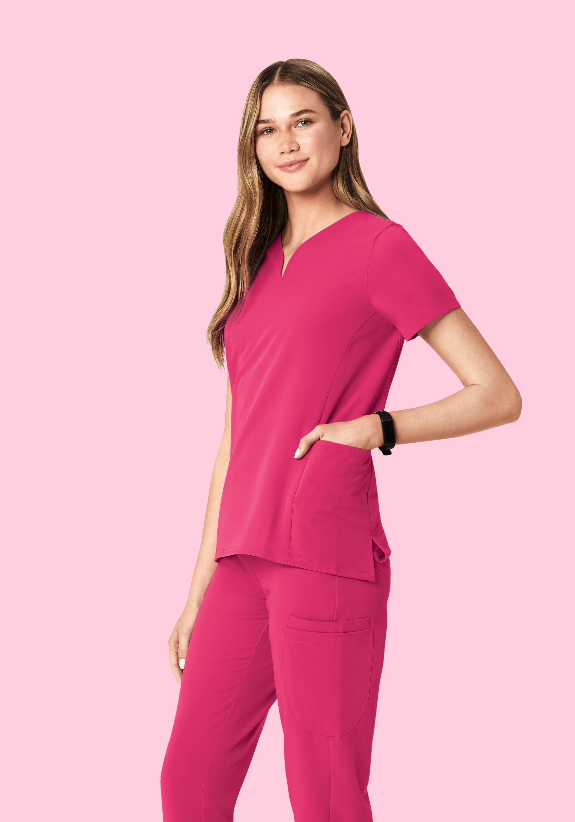 Curved V-Neck Top Hot Pink