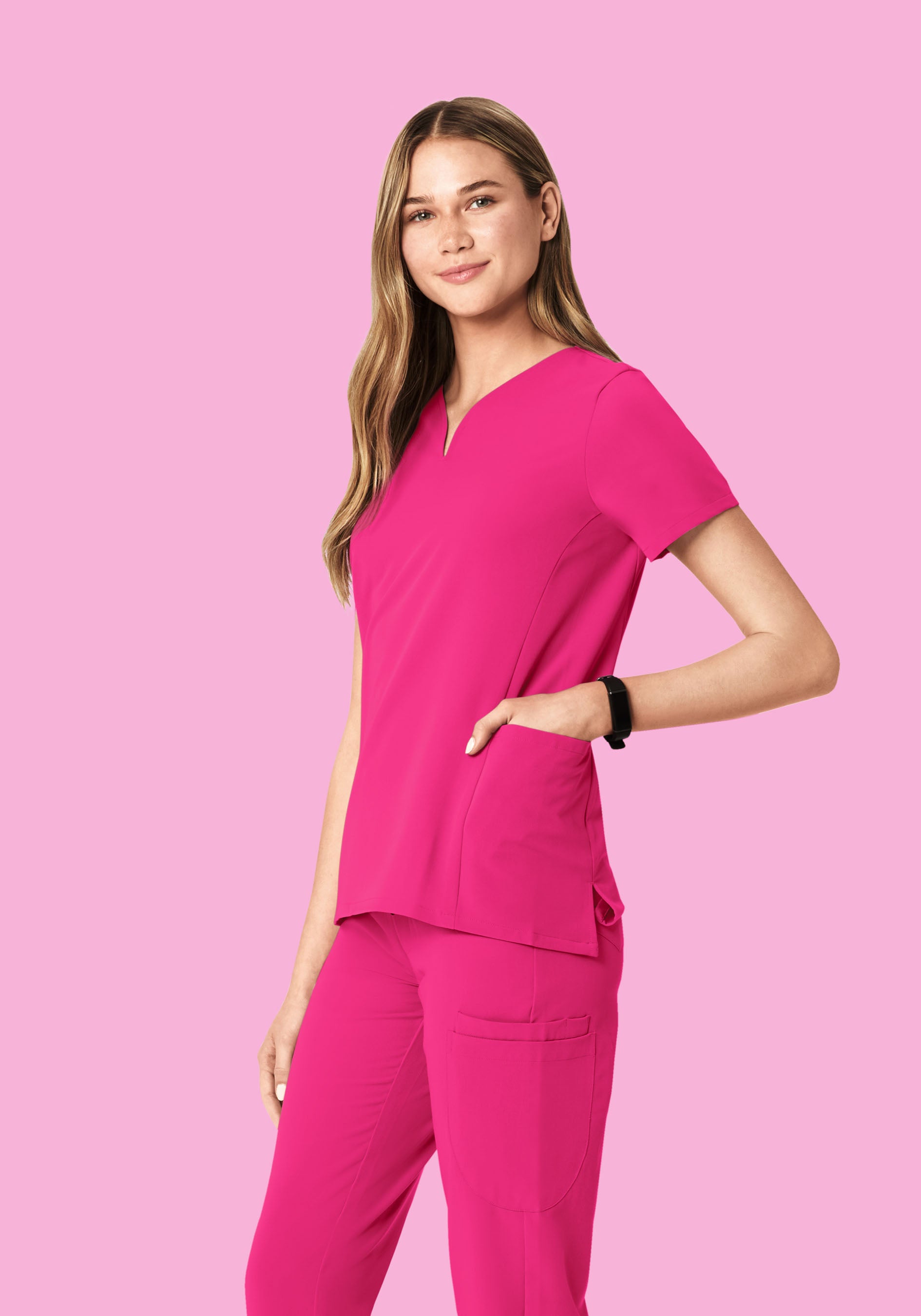 Curved V-Neck Top Shocking Pink
