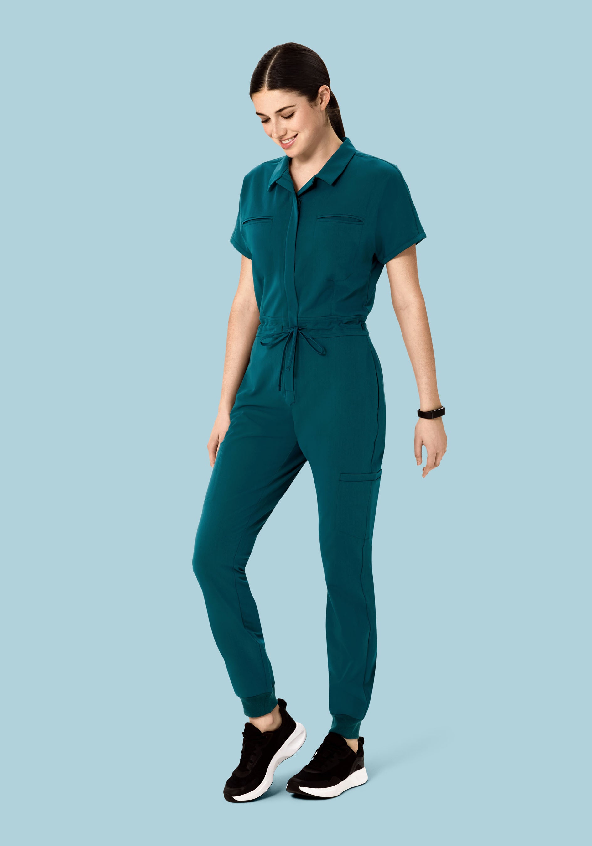 Women's Mandarin Dolman Jogger Scrub Jumpsuit - Caribbean Blue