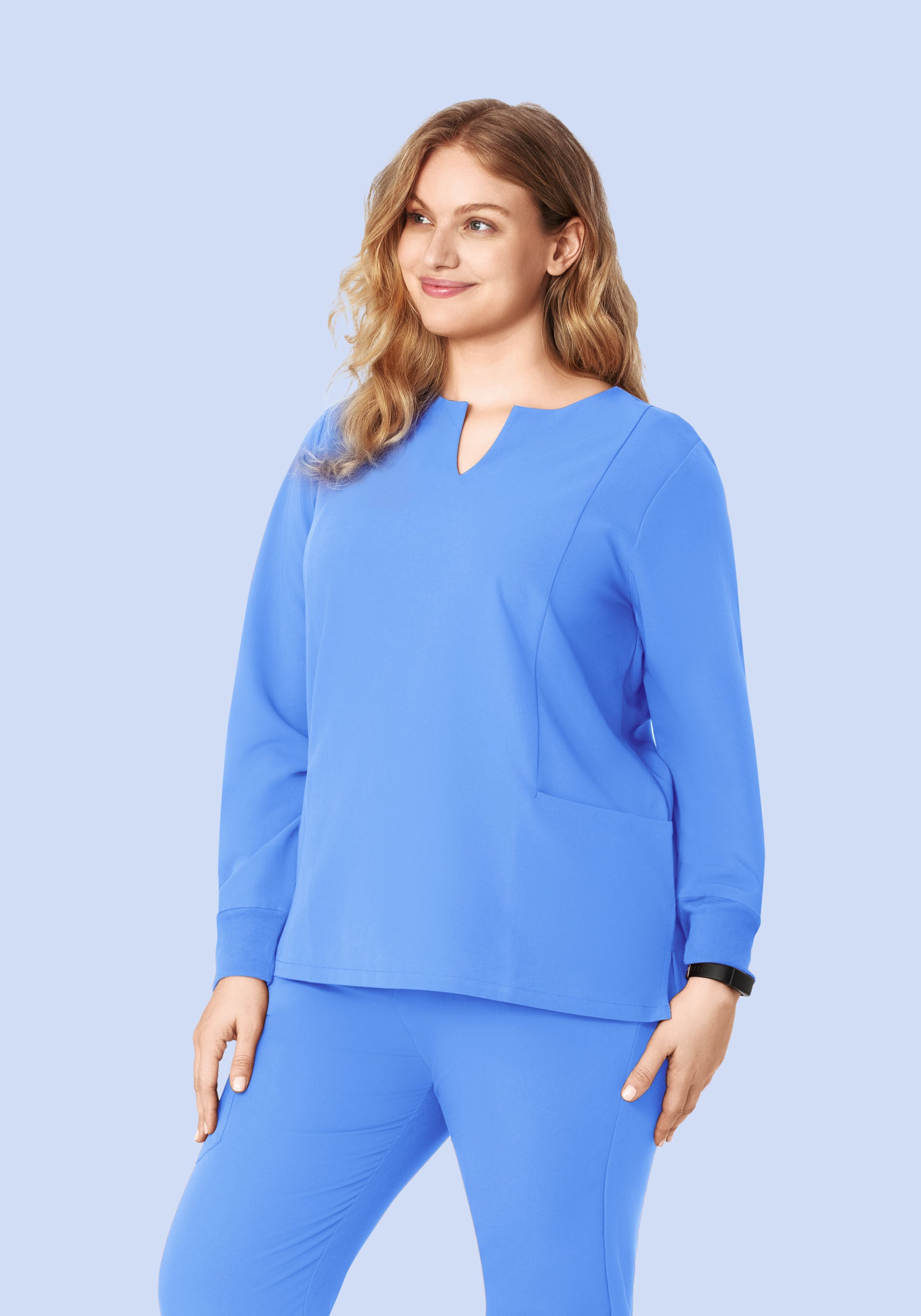 Women's Long Sleeve Notch Neck Top - Ceil Blue | Mandala Scrubs
