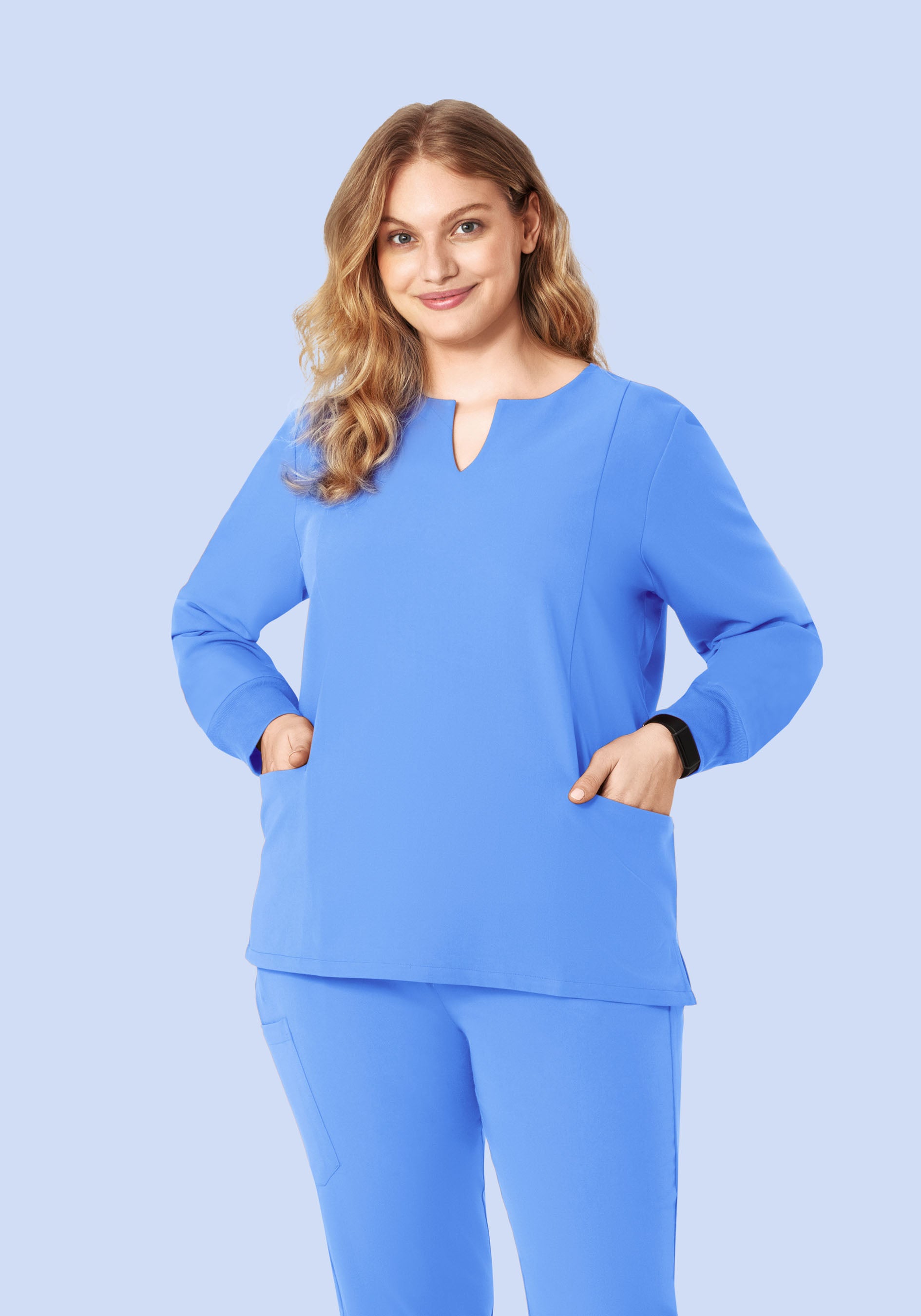 Long Sleeve Notch Neck Top Ceil Blue