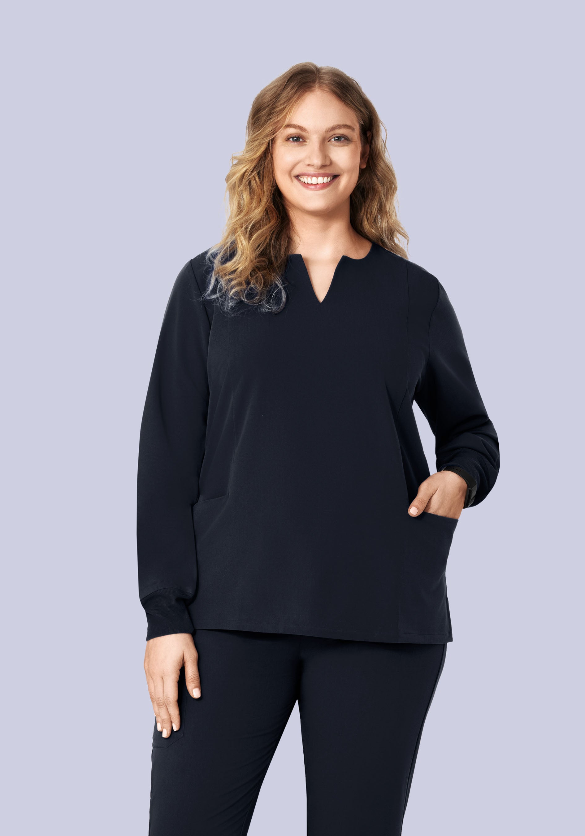 Long Sleeve Notch Neck Top Midnight Navy