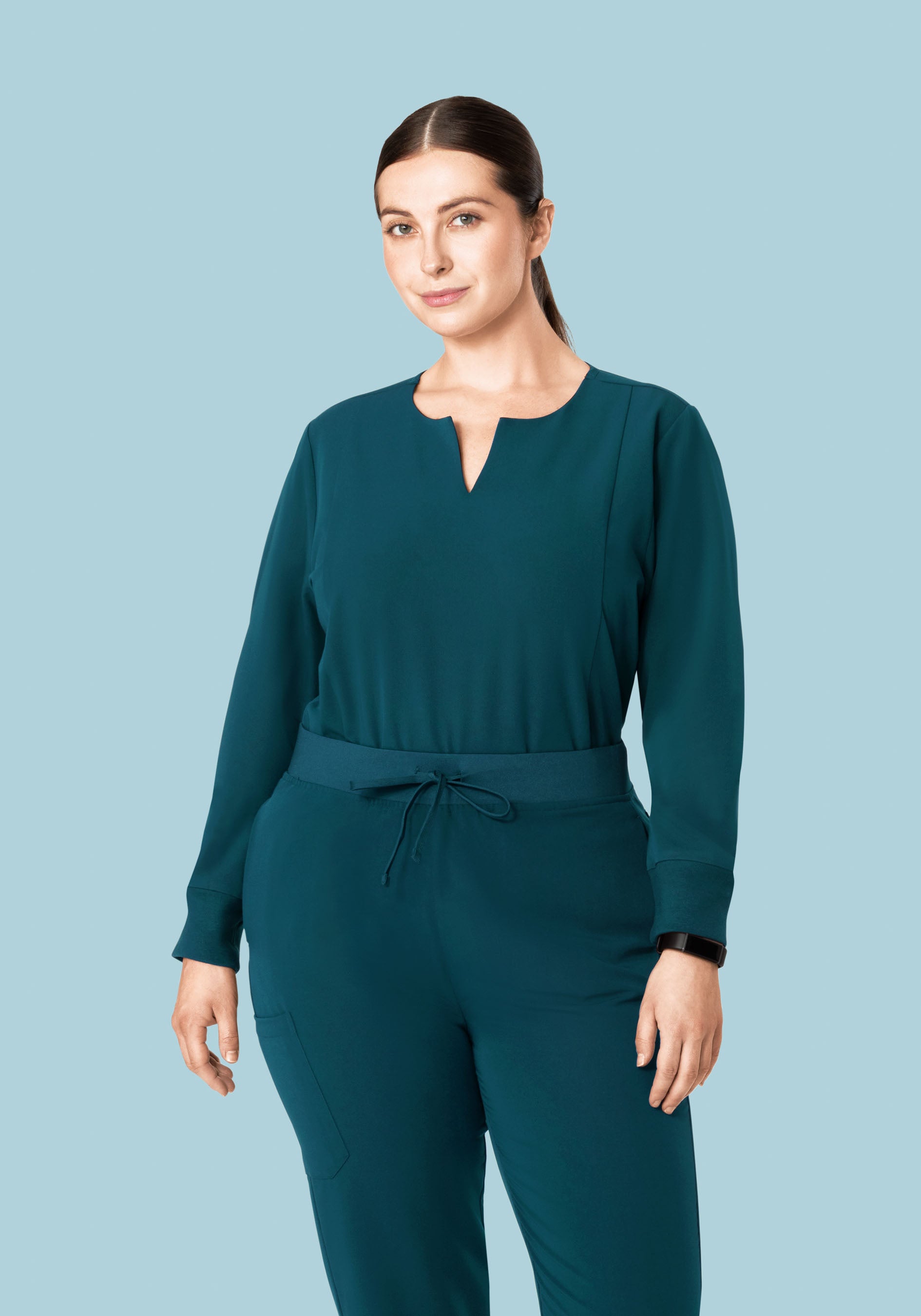 Long Sleeve Notch Neck Top Caribbean Blue