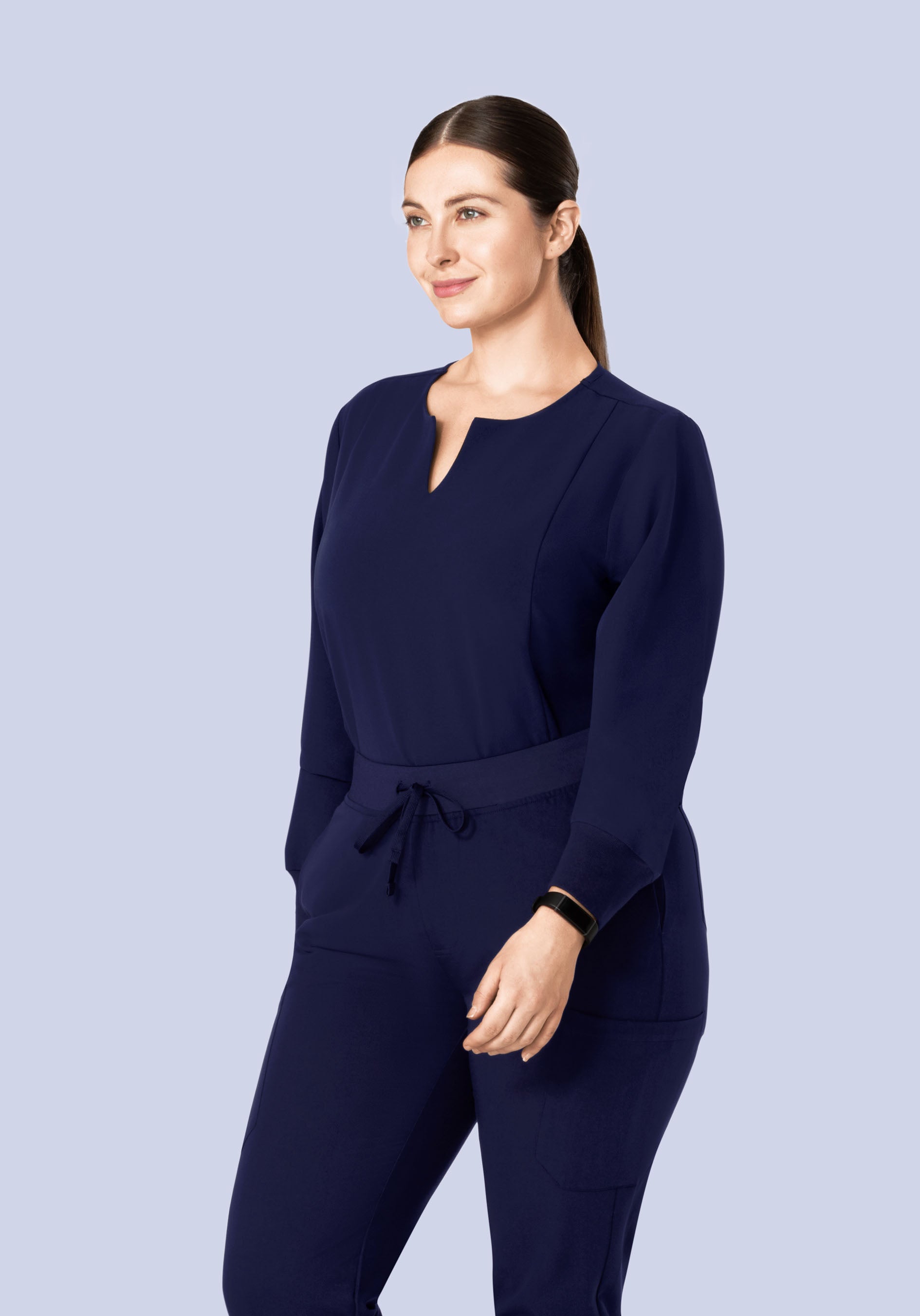 Long Sleeve Notch Neck Top Navy