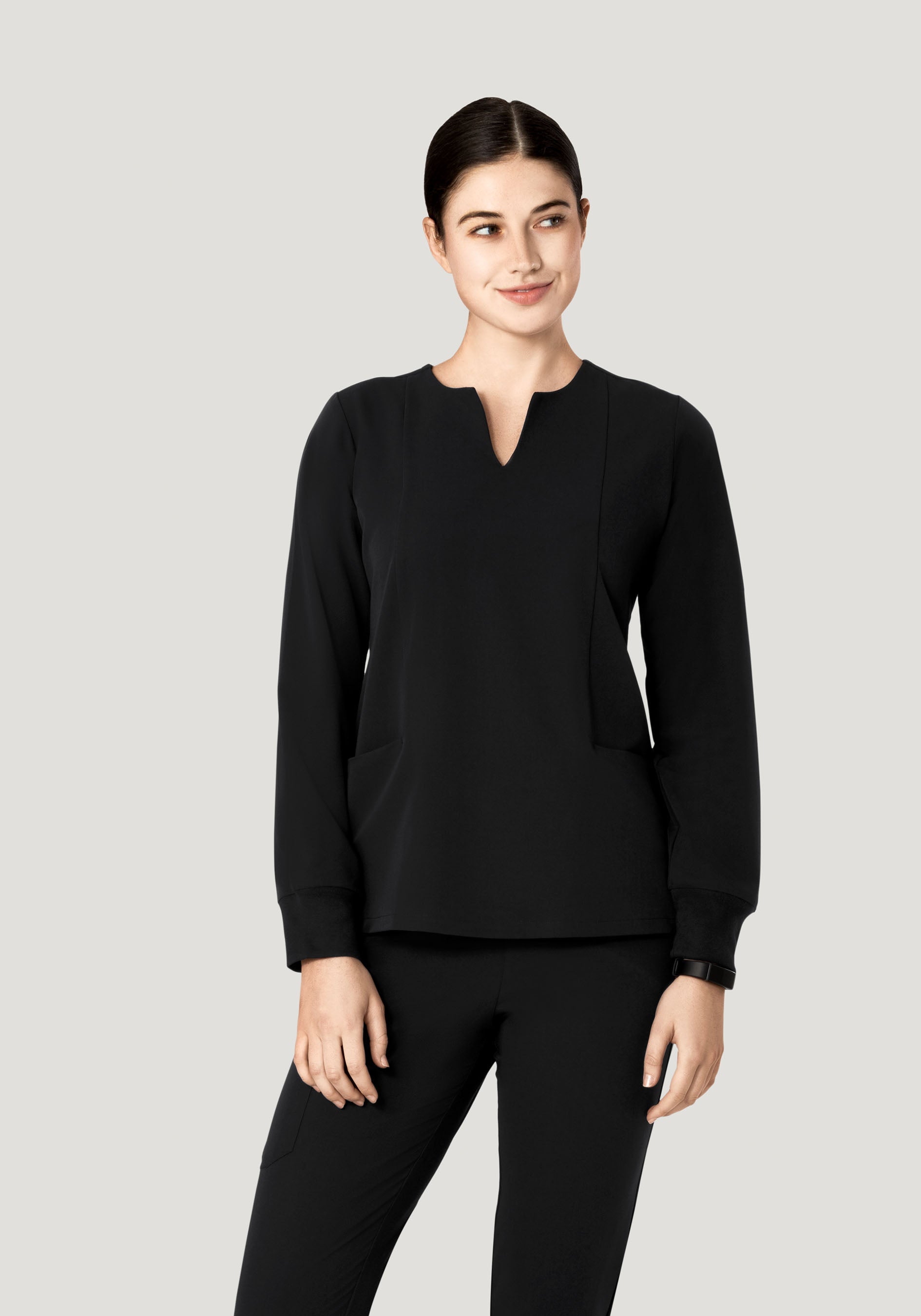 Women's Long Sleeve Notch Neck Scrub Top - Black | Mandala Scrubs