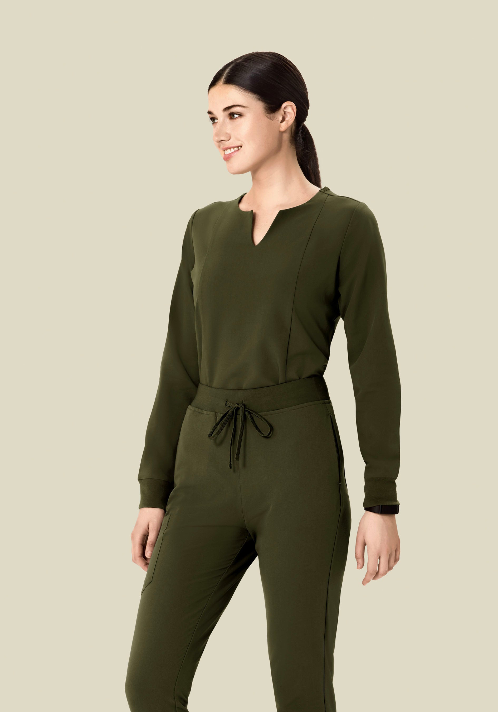 Long Sleeve Notch Neck Top Olive