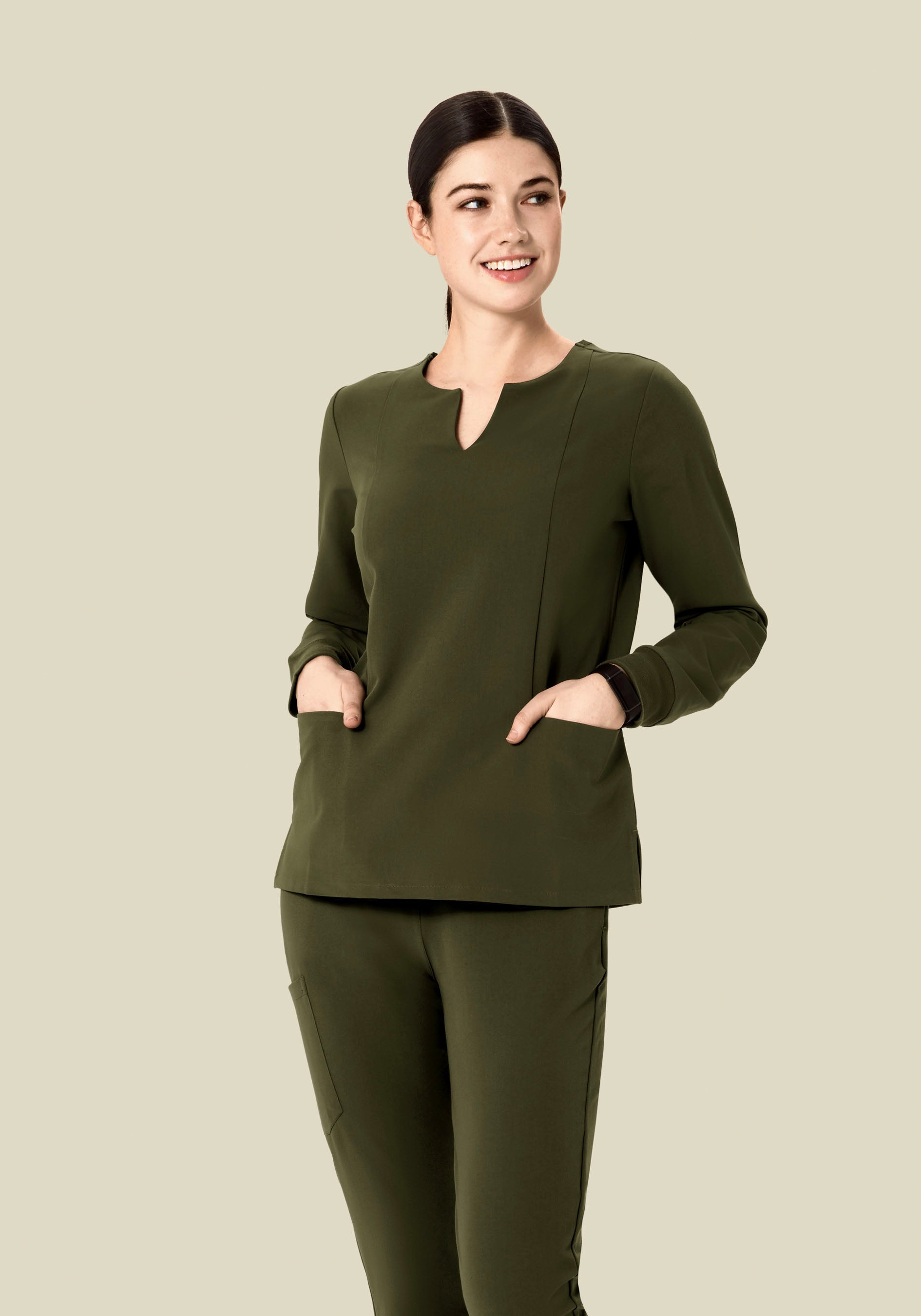 Long Sleeve Notch Neck Top Olive – Mandala Scrubs