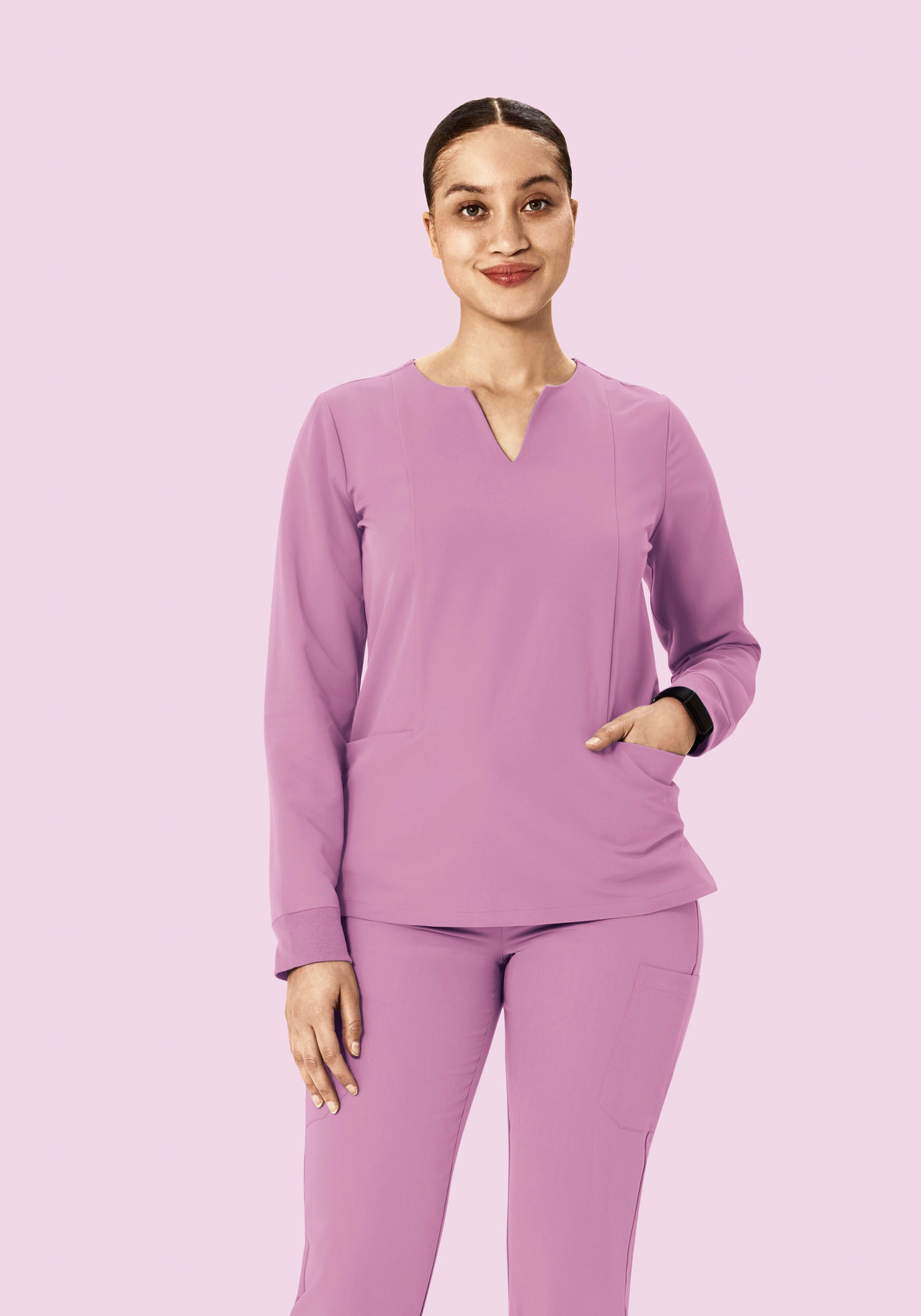 Women's Long Sleeve Notch Neck Scrub Top - Lilac | Mandala Scrubs