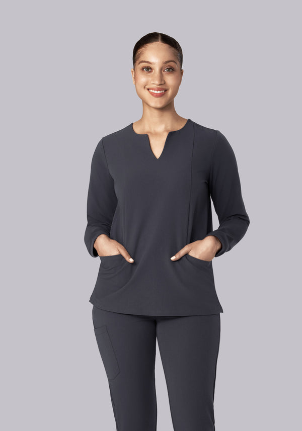 Long Sleeve Notch Neck Top Pewter