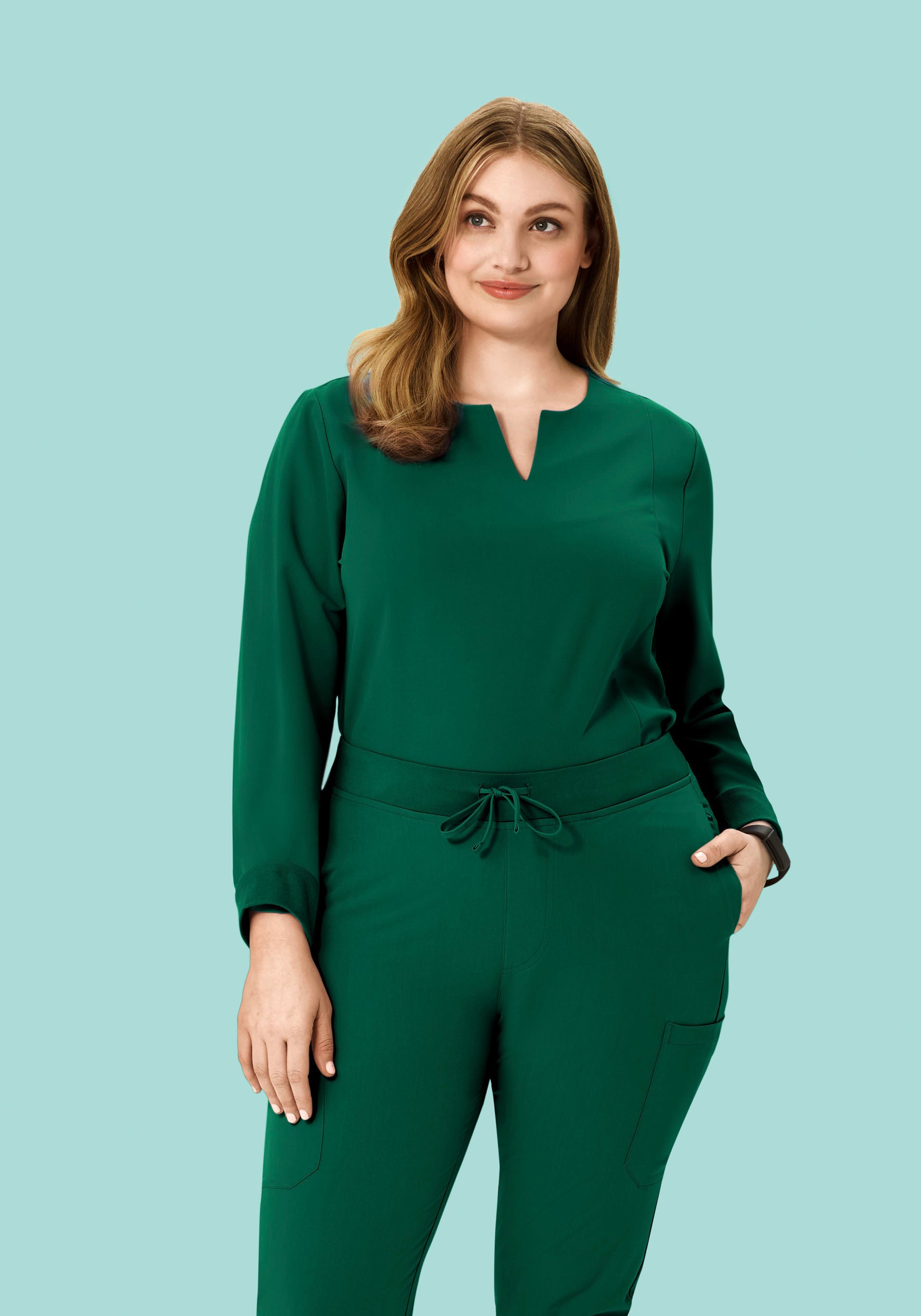 Long Sleeve Notch Neck Top Hunter Green